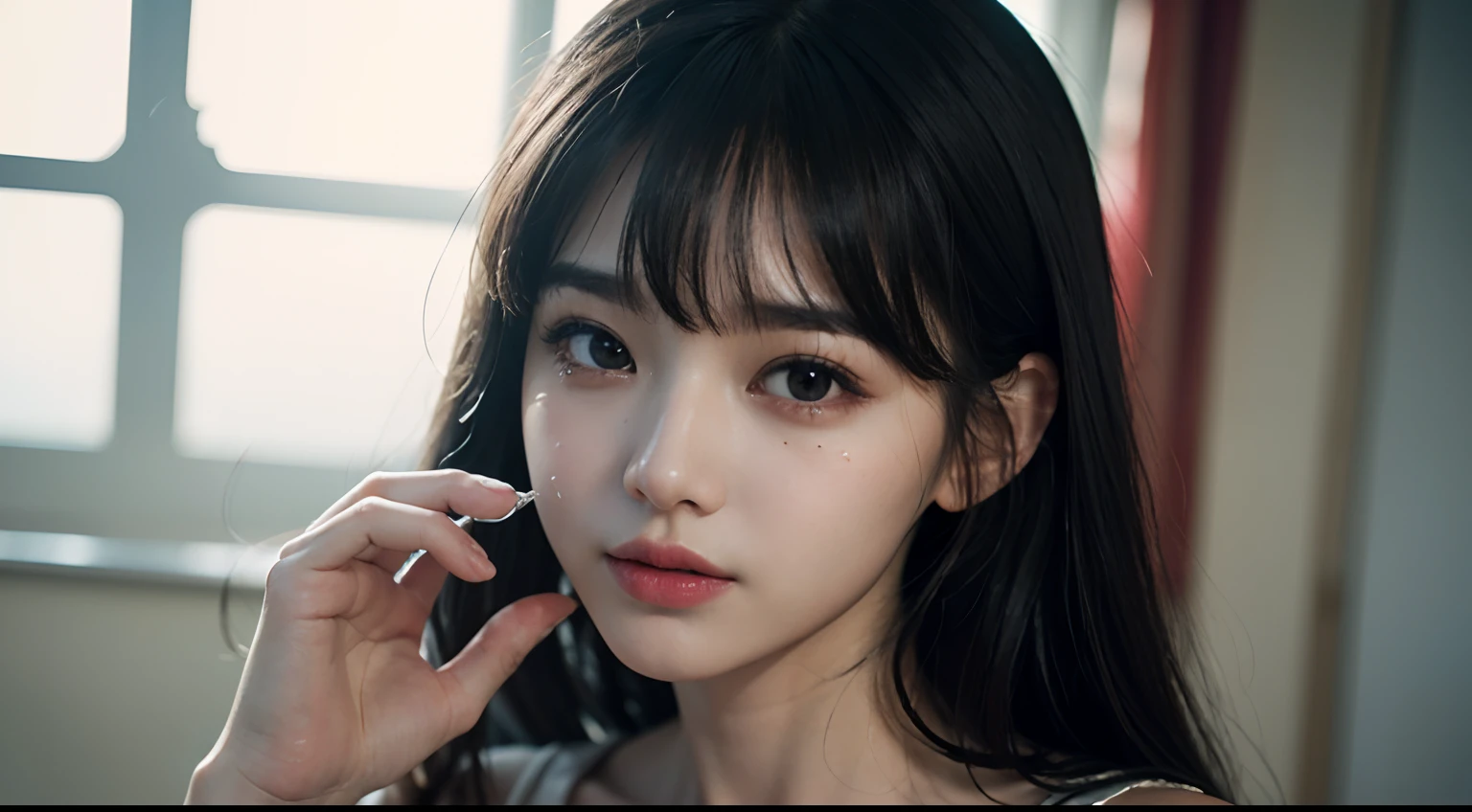(8k、RAW Photos、Photorealsitic:1.25)、(hair of streaked of white、Thin lip gloss、tthin eyebrows、eye lashes、Tear bag、Pattsun bangs、Shiny face、shinny skin、best qualtiy、超A high resolution、depth of fields、chromatic abberation、Caustics、Wide range of lighting、Natural shading、Kpop Idle) 、calm、Raking up one hair with your hand、Long、A slight smil、Small devil、in a house