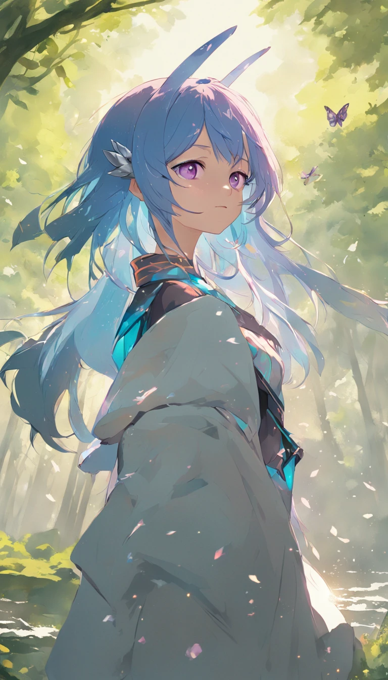 ((1girl, solo)), masterpiece, superlative, portrait, hyperdetail, illustration, close-up, gorgeous background, straight shot, blue hair, purple eyes, (focus on face), looking into the distance, forest, sun, wind, butterfly, studio lighting, horizontal axis, tree, lake, standing, ganyu \(genshin impact), double horn, bare shoulders, tights
