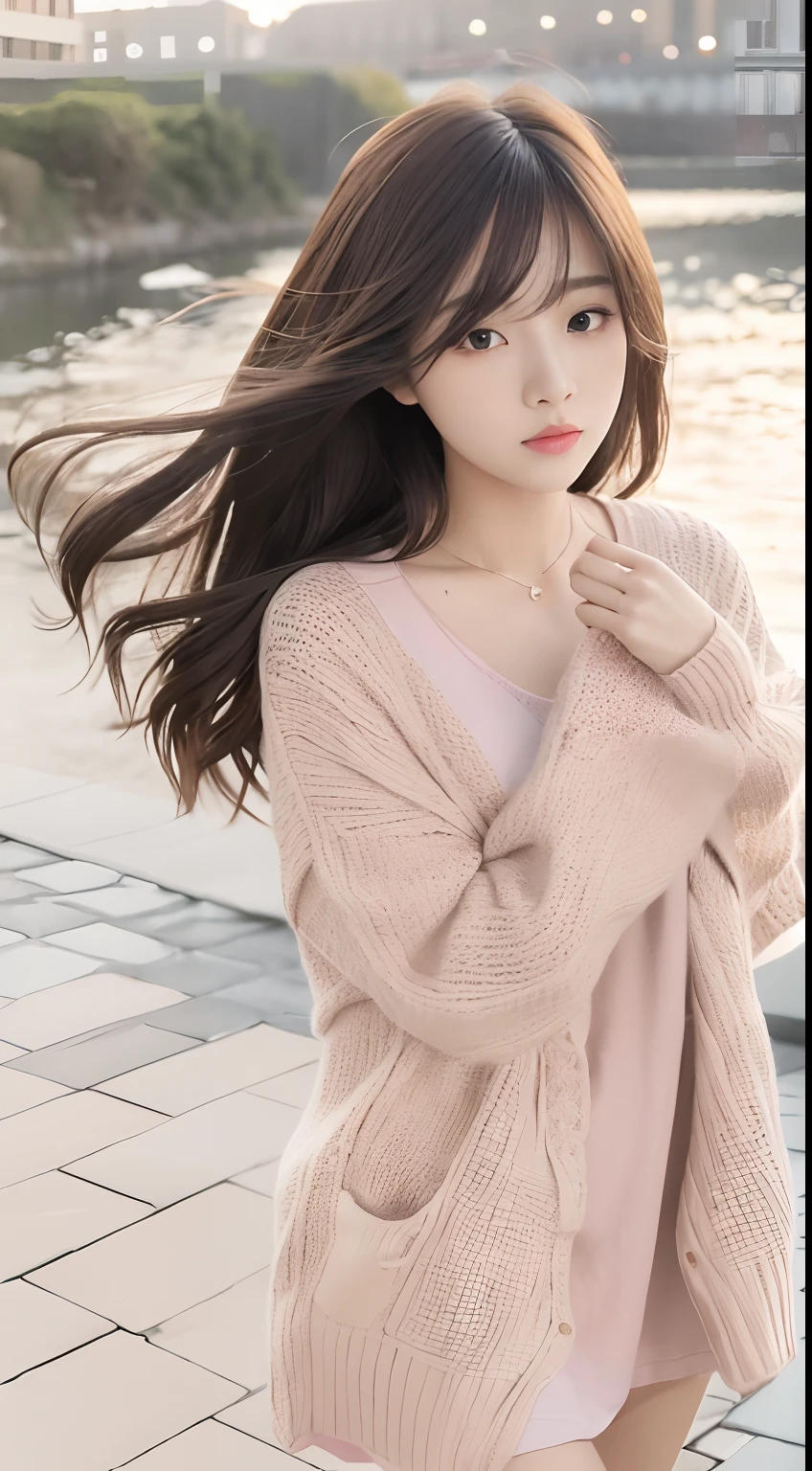 1girl walking on the river, mix4, sweater, pillow, lips, open_mouth, realistic, photo_\(medium\), solo, stuffed_animal, stuffed_toy, teddy_bear, (masterpiece), (realism: 1.3), super detailed, (High detail skin: 1.2), (Best quality: 1.0), (Ultra resolution: 1.0), (ULZZANG-6500: 0.3), wavy detail hair, long hair, sunshine, (beautiful detail makeup), (sexually aroused blush, heavy breath: 1.0), floral theme petals scattered, (soft light bloom: 0.5)