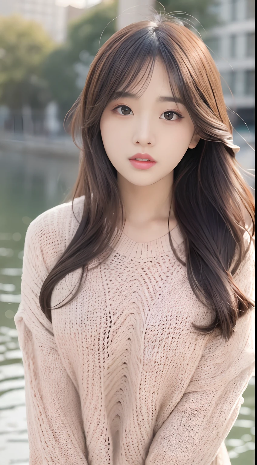 1girl walking on the river, mix4, sweater, pillow, lips, open_mouth, realistic, photo_\(medium\), solo, stuffed_animal, stuffed_toy, teddy_bear, (masterpiece), (realism: 1.3), super detailed, (High detail skin: 1.2), (Best quality: 1.0), (Ultra resolution: 1.0), (ULZZANG-6500: 0.3), wavy detail hair, long hair, sunshine, (beautiful detail makeup), (sexually aroused blush, heavy breath: 1.0), floral theme petals scattered, (soft light bloom: 0.5)