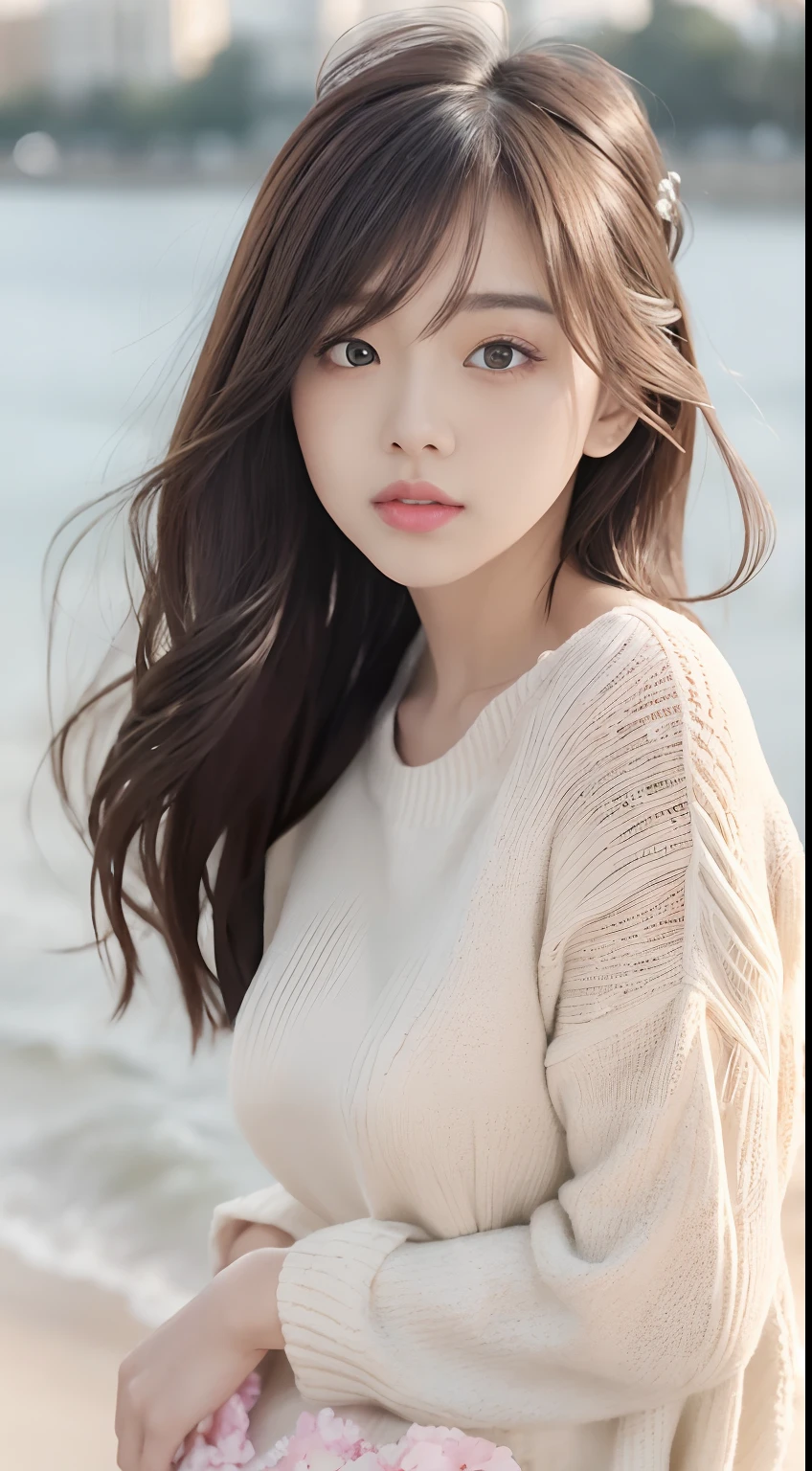 1girl walking on the river, mix4, sweater, pillow, lips, open_mouth, realistic, photo_\(medium\), solo, stuffed_animal, stuffed_toy, teddy_bear, (masterpiece), (realism: 1.3), super detailed, (High detail skin: 1.2), (Best quality: 1.0), (Ultra resolution: 1.0), (ULZZANG-6500: 0.3), wavy detail hair, long hair, sunshine, (beautiful detail makeup), (sexually aroused blush, heavy breath: 1.0), floral theme petals scattered, (soft light bloom: 0.5)