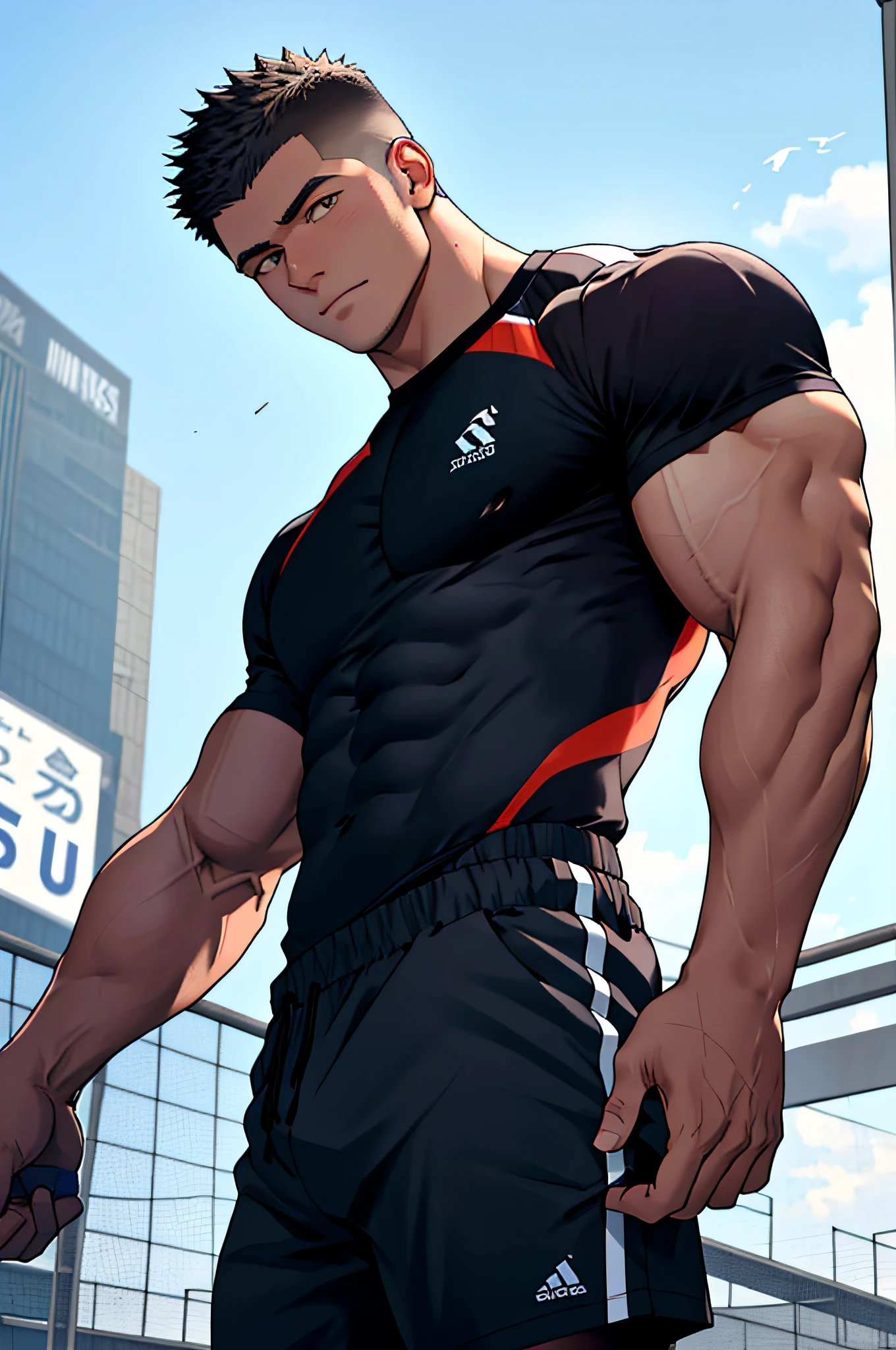 Draw a full-fledged athlete，Stand on the central field of the gym，He wears high-end sportswear，The man looks confident and determined，looking-down，Crew cut，full bodyesbian，shooting from below，