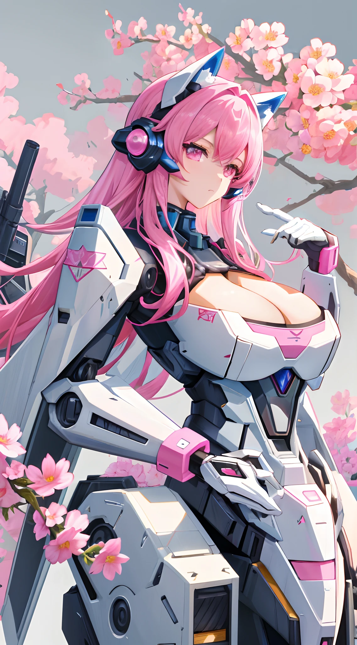 There is a close-up of a robot，with pink flowers on it，anime mecha aesthetic，ethereal and mecha theme，best anime 4k Konachang wallpapers，many mechflowers，mecha asthetic，Anime wallpaper 4 k，Anime wallpaper 4k，8K high quality detail art，anime robotic mixed with organic，4k anime wallpapers，large bust，big breasts exposed cleavage，Flame it up