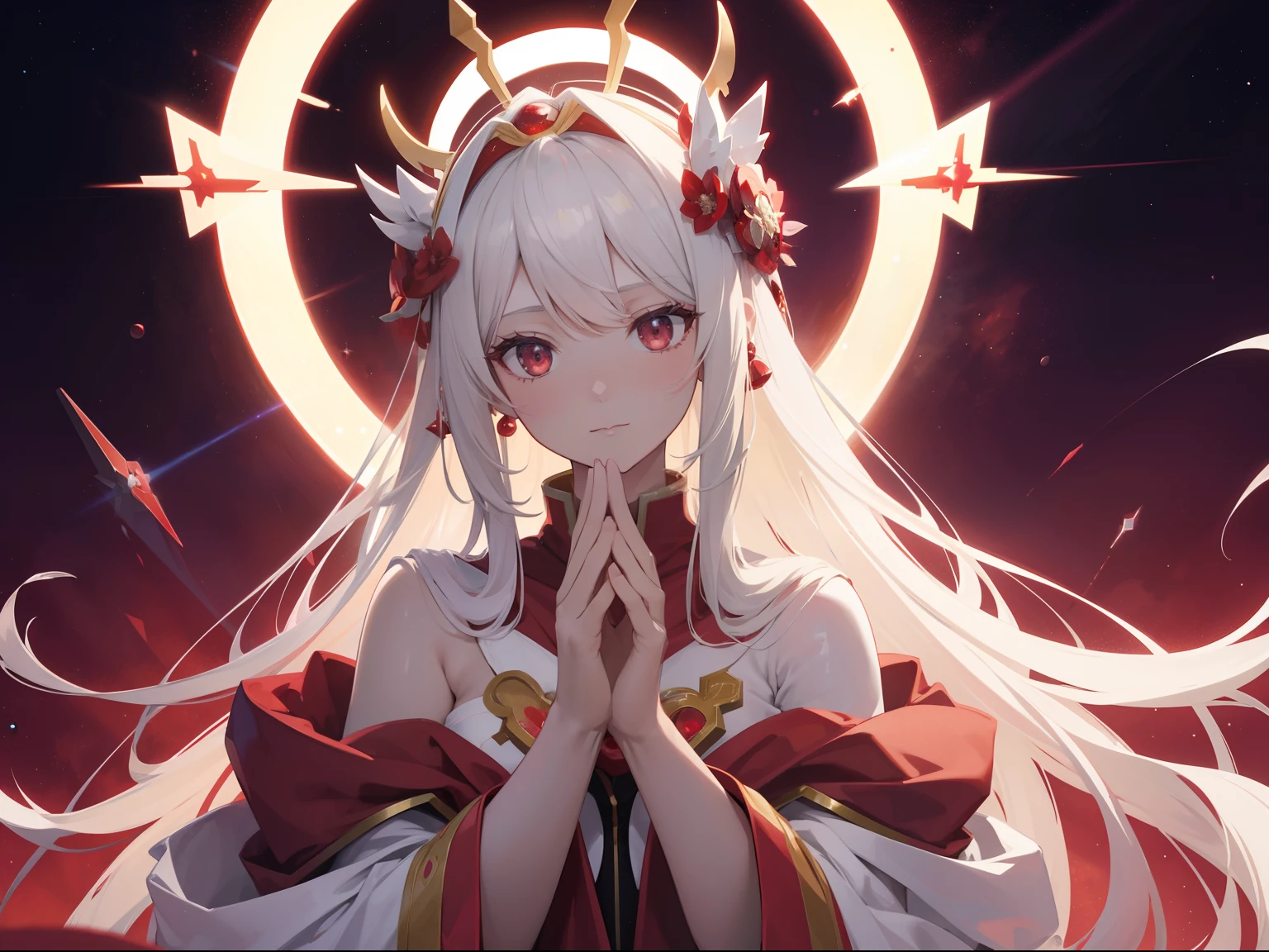 1 Beautiful Anime Hera Priest, Red and white priestly robe, detaileds, Ray tracing, Space background, Perfect, ultra high detailed, Highly detailed face, St. Halo