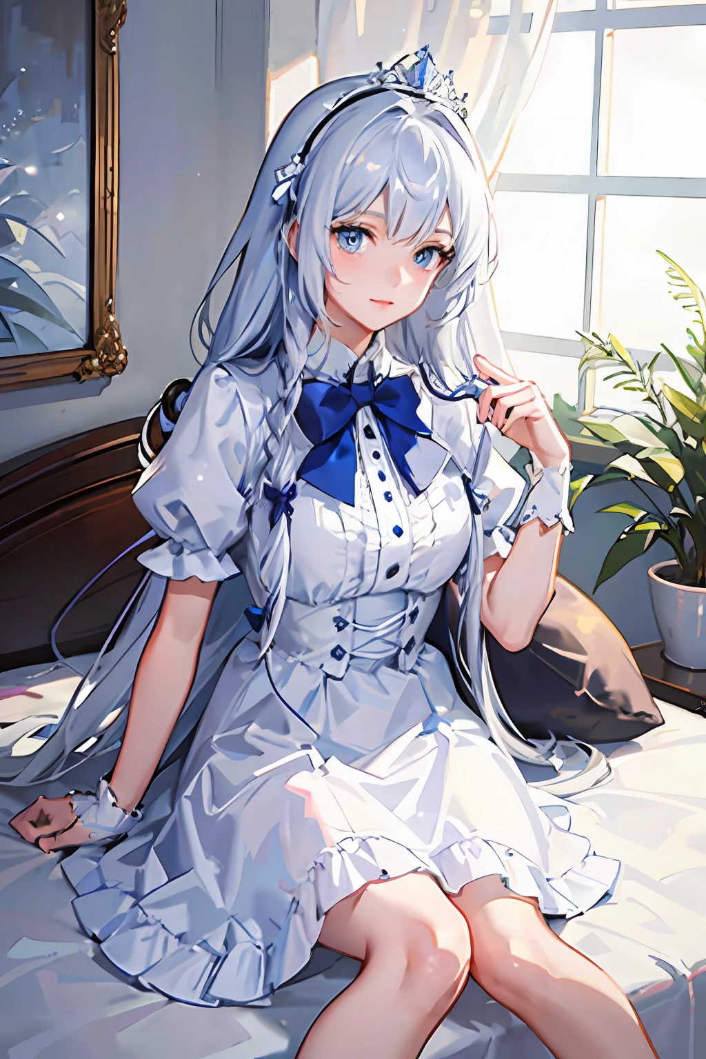 On a very large white bed, white pillows, White light, There is one girl, Sit on the bed, Wearing a white princess dress, White stockings, A blue bow is tied around the waist, There is a blue band on the wrist, blue color eyes, long white hair, Delicate facial features, Beautiful and moving, (Vivid depiction), Single braid, color difference, reflective light, hyper HD, Masterpiece, Super detail, High details, Best quality
