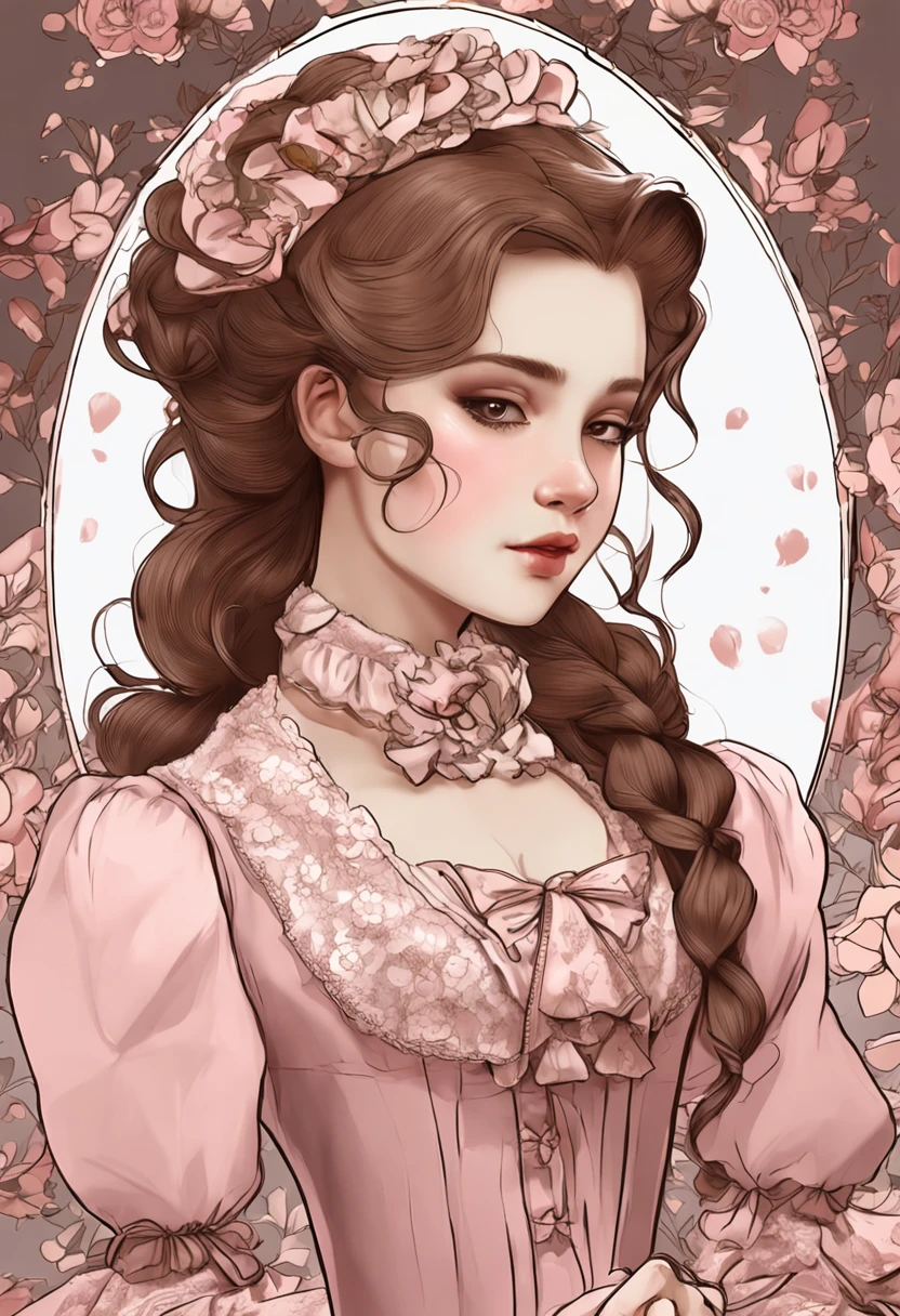Young pretty girl in Victorian style、Gamine、Young Child 1. **lo fashion**: Victorian fashion is characterized by dressy and elegant design。Ruffles and laces、corsets、Try incorporating elements such as long dresses。 2. **hairstyle on**: Women's hairstyles in the Victorian era are often complex and delicate。Upstyling and curling、It is also a good idea to add ribbons and floral ornaments to the hair.。 3. **Features**: Girl's facial features with soft features、Beautie、kawaii、Beautiful 5. **accessorized**: Accessories played an important role in the Victorian era。Hats、项链、gloves、umbrellas, etc.、By drawing accessories with attention to detail、You can give your character personality。 Nice dress、florals、Luxurious costumes、pink there、PastelColors
