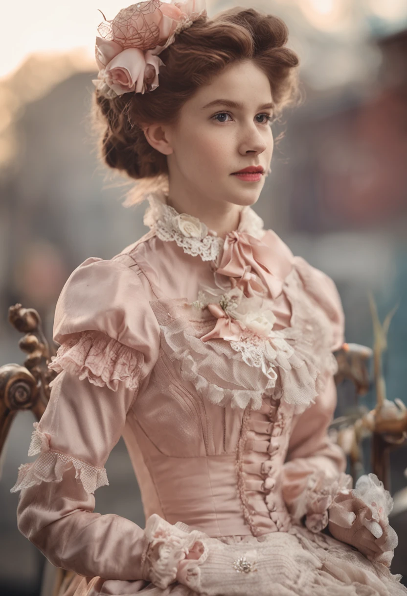 Young pretty girl in Victorian style、Gamine、 1. lo fashion: Victorian fashion is characterized by dressy and elegant design。Ruffles and laces、corsets、Try incorporating elements such as long dresses。 2. hairstyle on: Women's hairstyles in the Victorian era are often complex and delicate。Upstyling and curling、It is also a good idea to add ribbons and floral ornaments to the hair.。 3. Features: Girl's facial features with soft features、Beautie、kawaii、Beautiful 5. accessorized: Accessories played an important role in the Victorian era。Hats、项链、gloves、umbrellas, etc.、By drawing accessories with attention to detail、You can give your character personality。 Nice dress、florals、Luxurious costumes、pink there、PastelColors