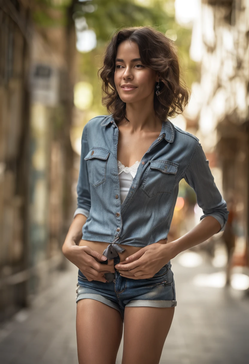 a3r1th, aerith, full body wide angle professional photo of a beautiful young slim spanish woman, one slim woman walking in natural pose, ((front left side photo)), (((perfect slim flat tummy showing))), ((brown short hair)),((groin showing over jeans waist)), (((grey tight low waist jeans))), white tight halter crop top, busty, cleavage, power round breast, thigh gap, slim legs, ((sexy slim waist showing)), ((hips showing)), ((belly button showing)), landscape nature background, low depth of field, vanishing point, bright light photo, real casual photography, natural relaxed pose, realistic natural style, centered, symmetrical, knee-shot from below photo, wide angle, nikon Z9 35mm F1.8, by David lazar and joel Santos