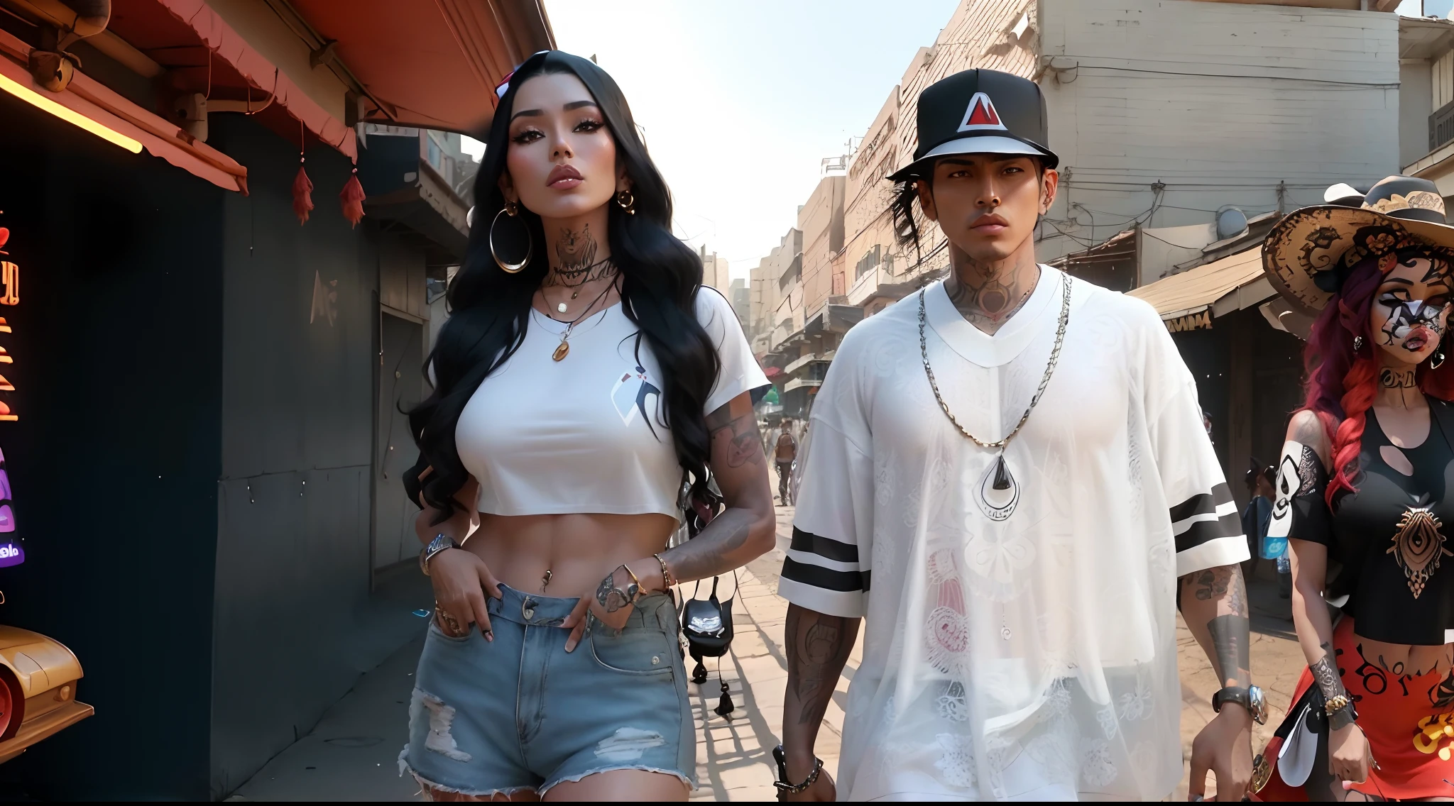 araffe and a woman walking down a street with a man in a hat, official music video, music video, modeling for dulce and gabanna, shady, wearing shipibo tattoos, tyler edlin and natasha tan, standing in front of lowrider, latinas, video, jordan grimmer and natasha tan, youtube video screenshot, nostalgic 8k