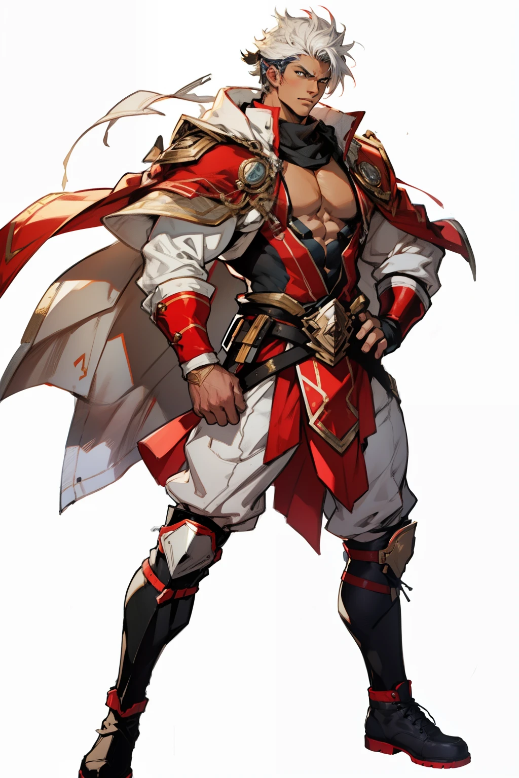 Highest image quality，male people，child，1 boy，Young and handsome，shoun，White color hair，Short flat top hair，Dark  skin，anime big breast，anime wallpaper，Solo，malefocus，Briefs，Dilation of the pectoral muscles，Red cape，Bulging crotch，Urban background，Sexy,(Masterpiece, Best quality),Long white socks，Red Martin boots，
