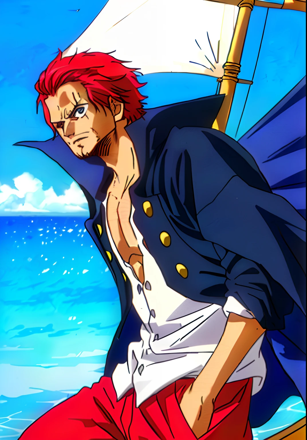 （tmasterpiece，best qualityer），intricately details，
 1 man，Shanks， red hair，(One-armed)，Dynamic poses and shots， scars in the face， short detailed hair， white  shirt， malefocus， Open your clothes， collared shir， trouser， cloaks， Manteau， open shirts， Facial hair， a scar， chest muscle， Partial unbuckling， nedium breasts， coat on shoulders，((Wooden pirate ship)) ， swell sea，