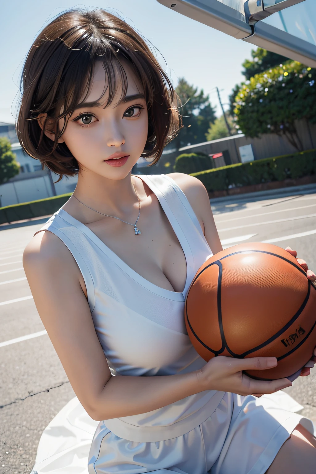 （Top image quality、8ｋ、​masterpiece:1.3）、Basketball court、细致背景、Woman in Shorts、Woman with naked upper body、The same beautiful breasts、Active Pose、Loose shorts、A big smile、(((fullnude)))、(((Buttocks protruding from shorts)))