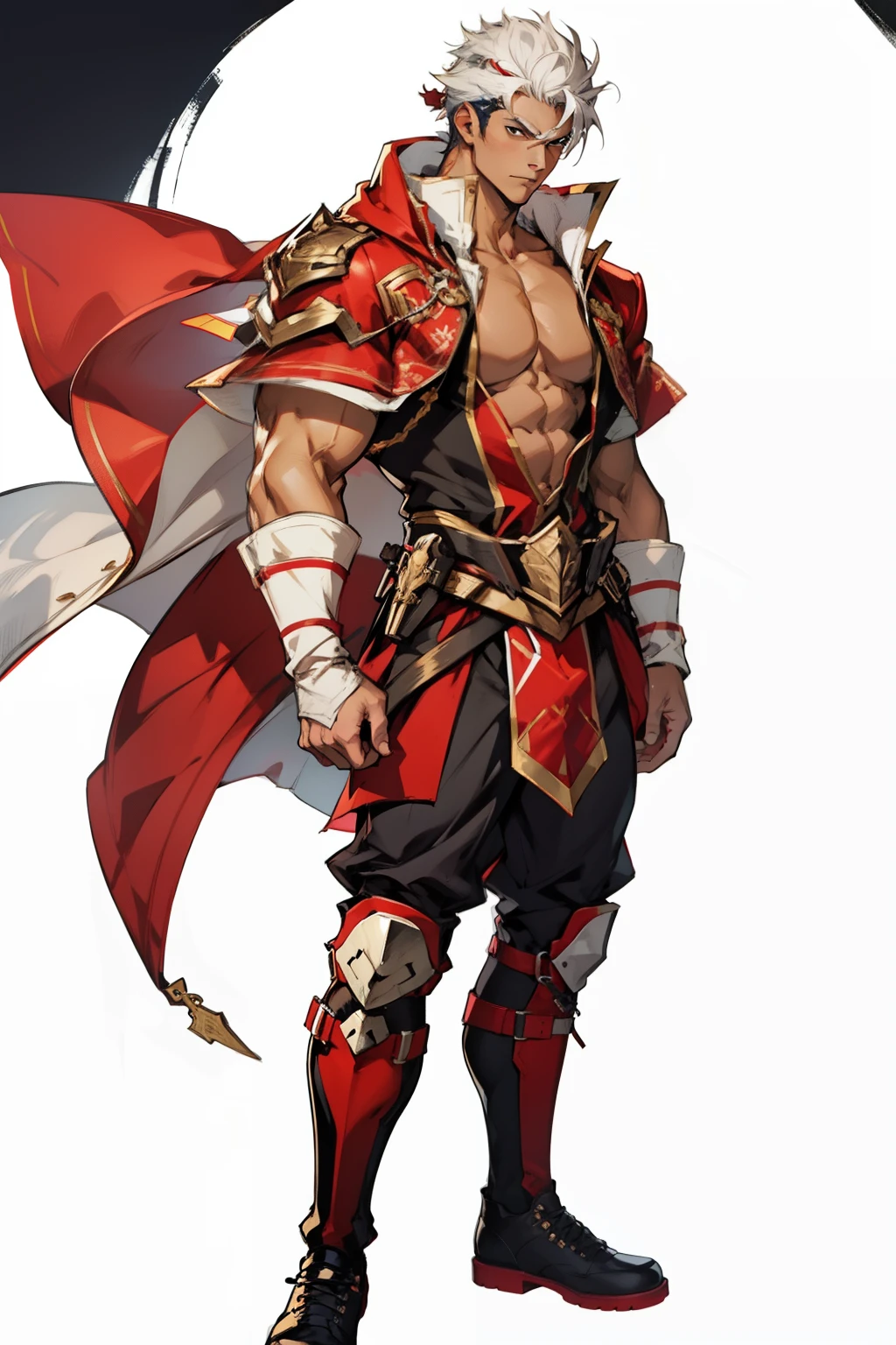 Highest image quality，male people，child，1 boy，Young and handsome，shoun，White color hair，Short flat top hair，Dark  skin，anime big breast，anime wallpaper，Solo，malefocus，Briefs，Dilation of the pectoral muscles，Red cape，Bulging crotch，Urban background，Sexy,(Masterpiece, Best quality),Long white socks，Red Martin boots，