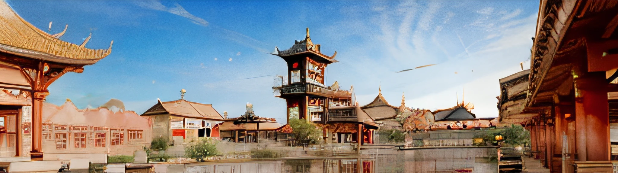 there is a courtyard with a clock tower and a fountain, beautiful render of tang dynasty, ancient vietnamese architecture, vietnamese architecture, buddhist architecture, tang dynasty palace, chinese palace, vietnamese temple scene, vietnamese temple scene, 1920s archeologically photo, photographed on damaged film, 1890s, tibetan inspired architecture, digital painting of a pagoda,