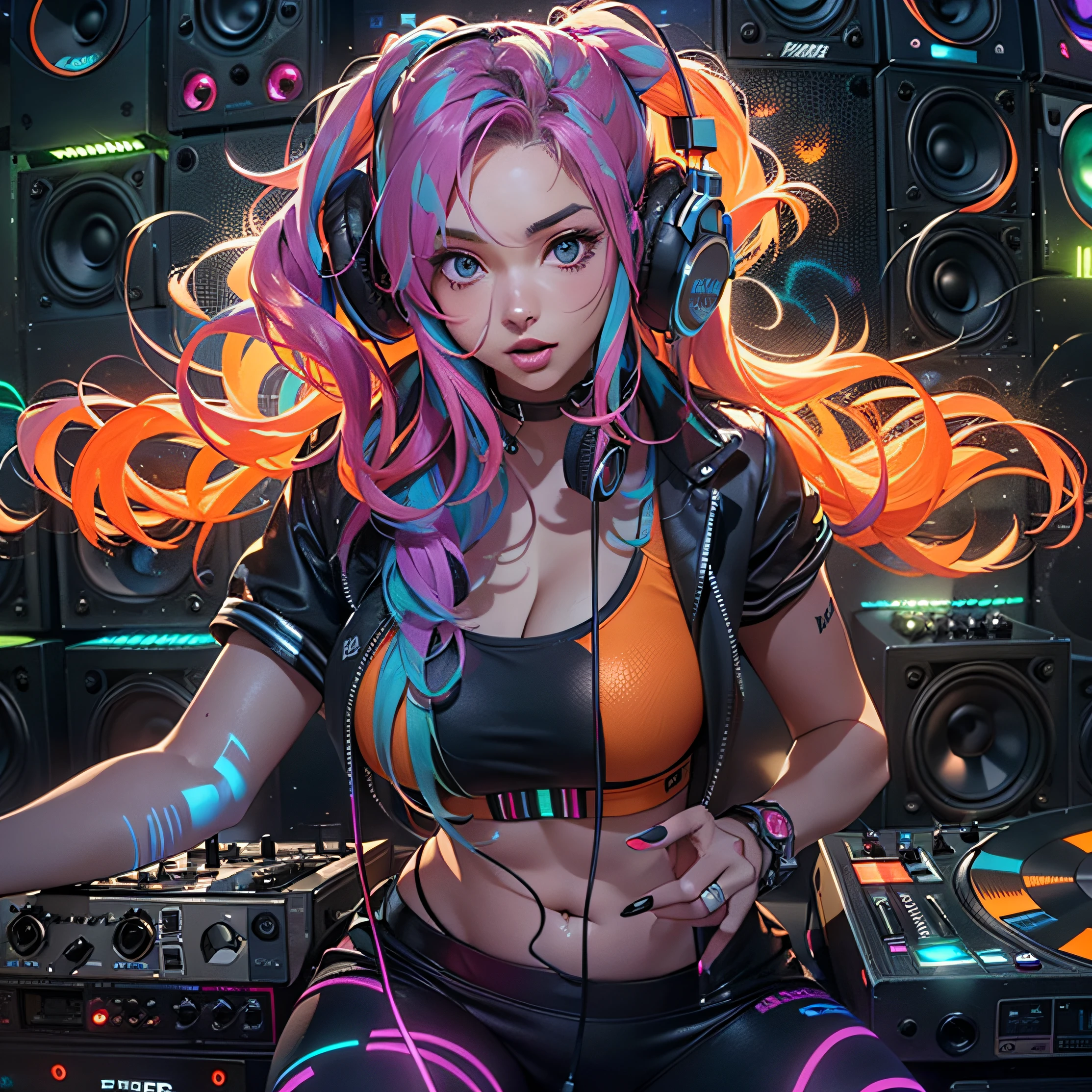 masuter piece、super-fine、A hyper-realistic、Beautiful female artist in DJ suit with orange top and headphones、dj set、Sportsbra、headphones dj rave, Sportsbra, 、dj at a party、dj rave party、CGstation、(((Huge speaker in background)))、(((All walls are speakers)))、(colourful hair)、Glowing hair、inner colored、smokey