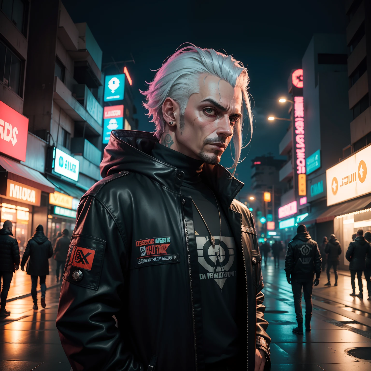 Cidade Cyberpunk, carros voadores, um homem com uma arma olhando a Cidade da janela amola de um apartamento escuro, Homen com o cabelo loiro, jaqueta preta com uma estampa de um olho. Clima chuvoso. Propagandas em neon em outdoor.
