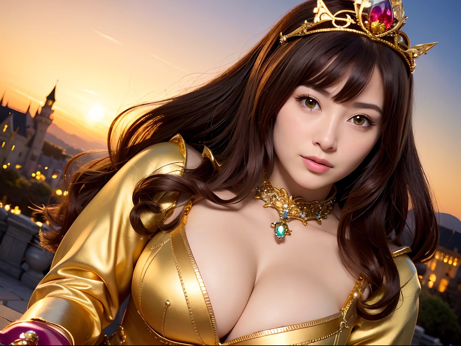 Professional , ​masterpiece、top-quality、photos realistic , depth of fields （Gemstone Silver Metal Body:1.９),(Matte yellow、Jewel Gold Weapon、（Gorgeous castle background）、（Jewel Metal Body:1.４),（Gorgeous Jewel Metal Weapons） , （Hold the detailed sword of the hero） ,（ ）   ,warhammer 40k , adepta sororitas,Detail and ornate jewel crown、Brown hair、（Gangle's forest background）、１a person、dynamic ungle,(((Diamond tiara with detail and luxury)))、a small face、A smile、Powerful poses、（Gorgeous castle background）、huge filesize、20 year old beautiful woman、Stand in the center of the screen、Thin female fingers、Straight long hair、Beautiful Caucasian beauty、Mystical expression、Lightly open your mouth、,Luminescent particles,light scattering,Tindall Effect、cleavage of the breast、