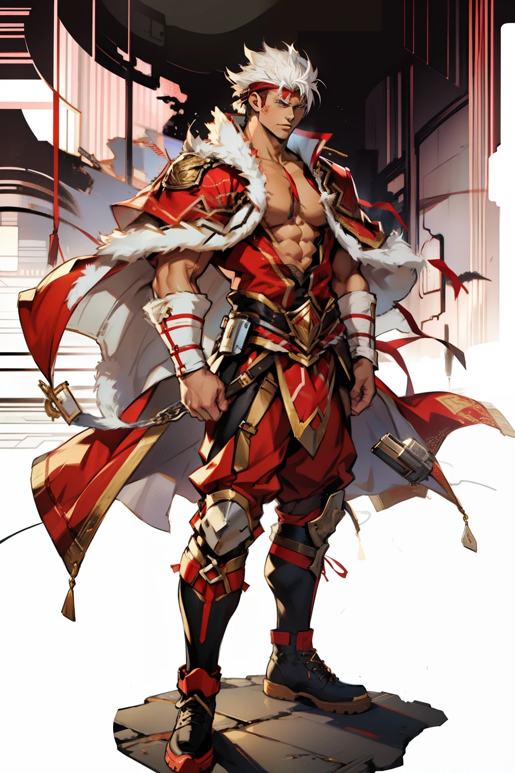 Highest image quality,male people,,1 boy,Young and handsome,shoun,White color hair,Short flat top hair,Dark skin,anime big breast,anime wallpaper,Solo,malefocus,Briefs,Dilation of the pectoral muscles,Red cape,Bulging crotch,Urban background,Sexy,(Masterpiece, Best quality),Long white socks,Red Martin boots,