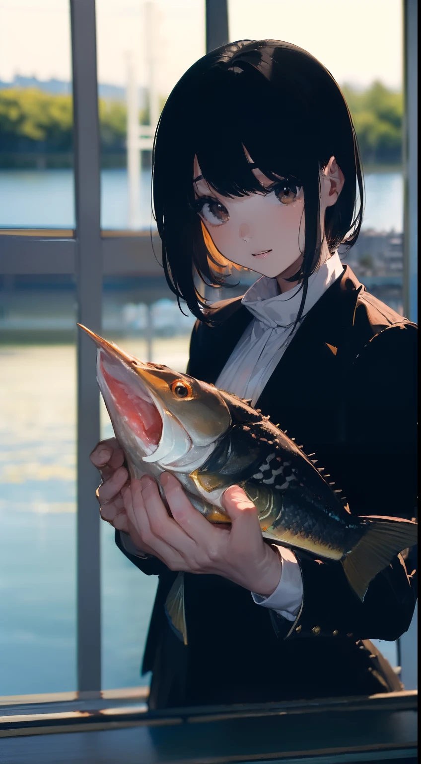 ((((Catch a big black bass by the lake:1.5)))),((1 female 28 years old)),((Best Quality, masutepiece :1.5)),(((Hands with the correct number and structure of fingers:1.4))),hight resolution,ultra-detailliert,​masterpiece,best qualtiy,Short bob hair,Black hair, long eyeslashes, Solid Circle Eyes, drop shadow, Atmospheric perspective,Super Detail, ccurate, small brest,(Black jacket :1.1),top-quality, blurry backround, bokeh dof:1.2, (​masterpiece:1.3),  Atmospheric perspective,Super Detail,dynamic compositions,High-resolution image quality、top-quality、​masterpiece、extremely delicate and beautiful illustration、extremely details CG、astonishing、finely detail、​masterpiece