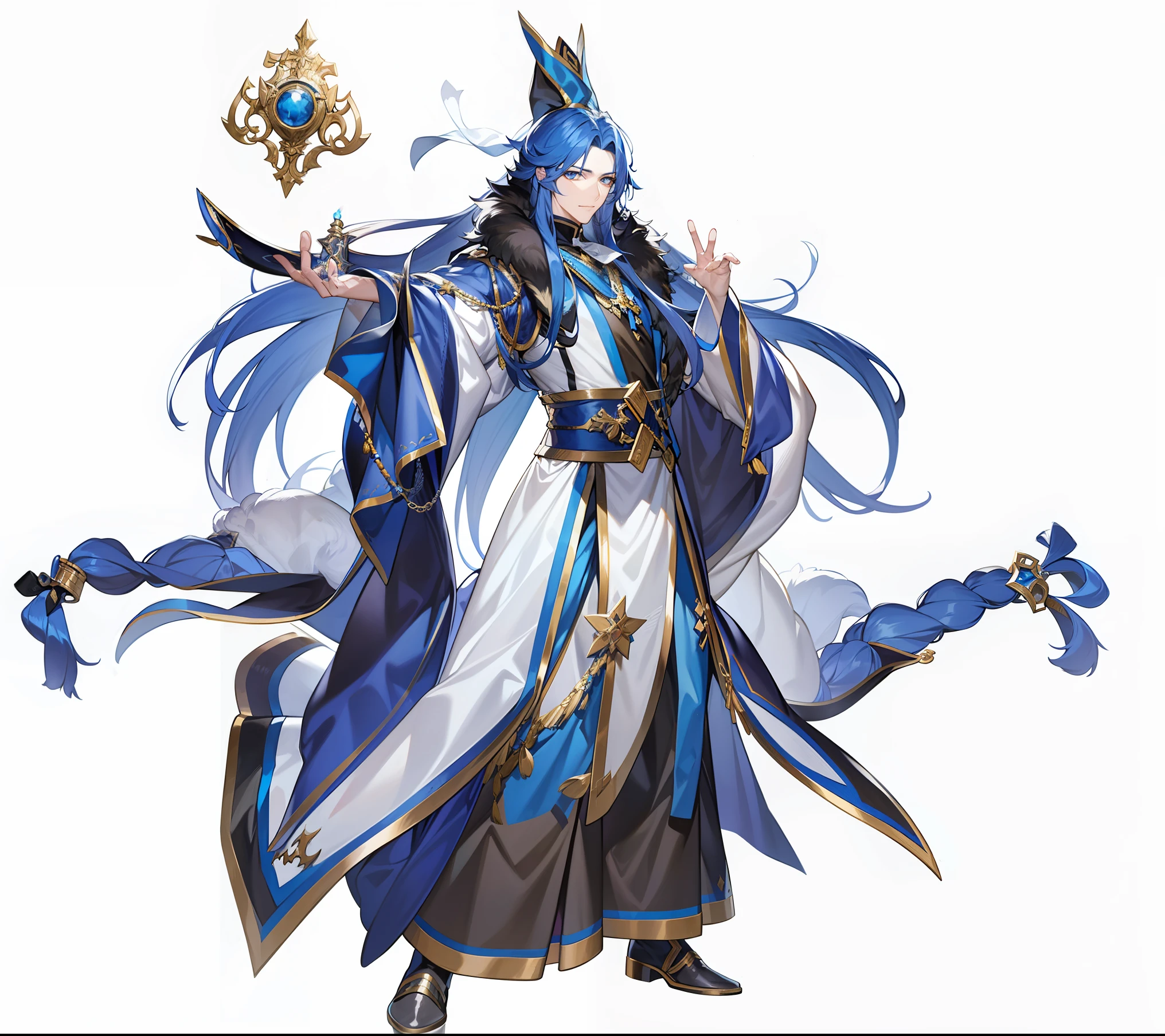 Long blue haired man,Magic Instruments,Wear ancient costumes,Fur collar,His gaze was sharp and deep,His face is extraordinarily handsome