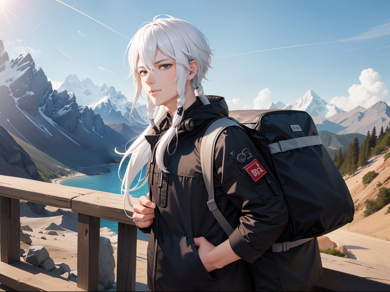Only for men in their 30s。white  hair。backpacker