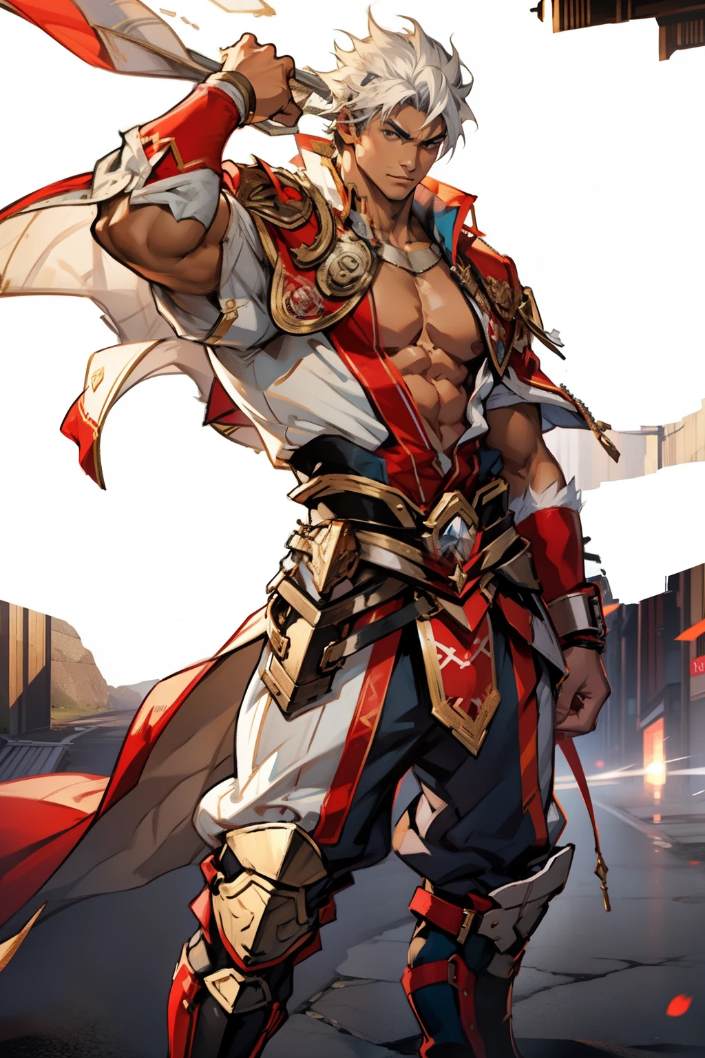 Highest image quality，male people，，1 boy，Young and handsome，shoun，White color hair，Short flat top hair，Dark  skin，anime big breast，anime wallpaper，Solo，malefocus，Briefs，Dilation of the pectoral muscles，Red cape，Bulging crotch，Urban background，Sexy,(Masterpiece, Best quality),Long white socks，Red Martin boots，