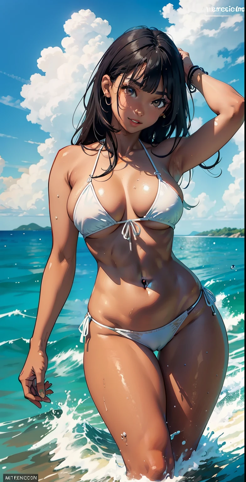 a brazilian woman, perfect anatomy, dark skin, light brown eyes, perfect, eyebrows, nose, normal ears, open mouth smiling, teeth, lips, big straight hair, hair details, bangs, locks, neck, shoulders, big chest , perfect belly, thin waist, thick legs, thick thighs, white bikini, standing, background scenery, no bad, water everywhere, water on the ground, ultra detailed water, waves, flying water, clear green water, beautiful day , clouds, sun, lighting, viewer view