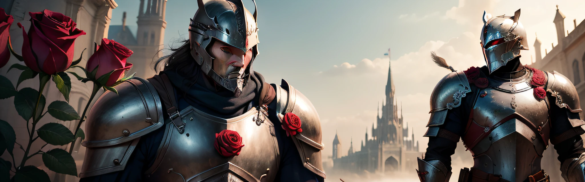 A brave man,Wearing armor,There are roses on the body