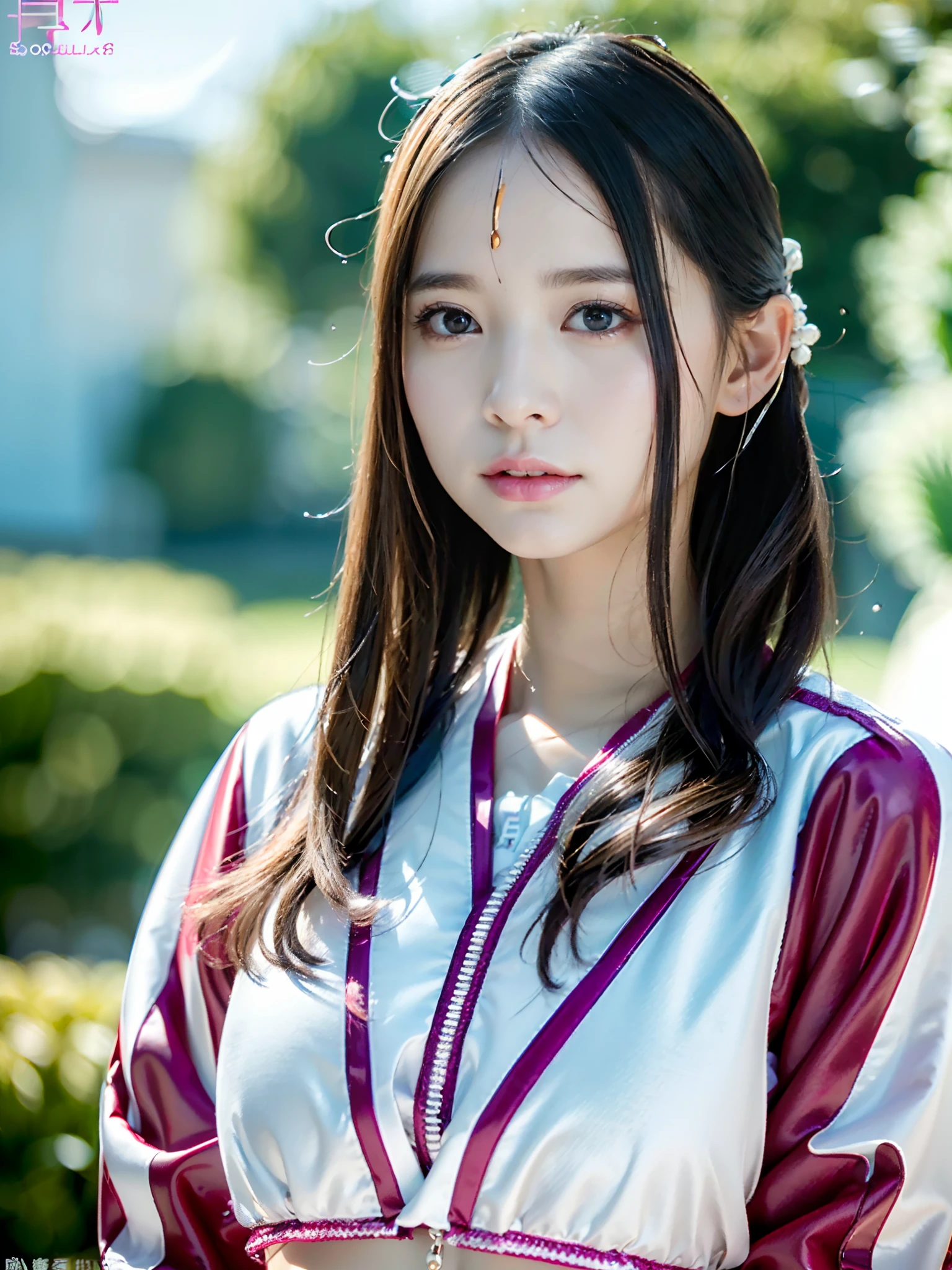 Best quality,k hd,4K,8K, Yes ,white skinned, Real human skin, (detailedface), Goose egg face, pores, 超高分辨率, (8K, RAW photo, Photorealistic:1.4),Sun exposure, 1girll, Slim, (Look at the audience with the happy eyes of the goddess of tranquility:1.2), ( Gloss on lips, eyeslashes, Glossy face, Best quality at best, 超高分辨率, Extensive illumination), oversized jacket, FASHION UNDERWEAR,Excitation, view over city,Oversized breasts,(((爆乳:H cup)))