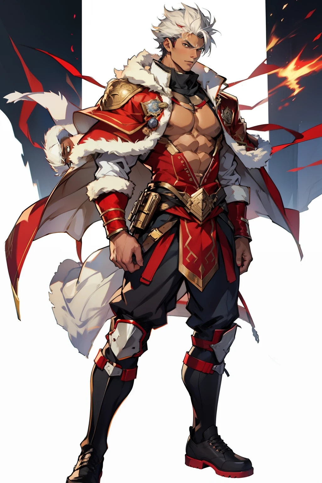 Highest image quality,male people,child,1 boy,Young and handsome,shoun,White color hair,Short flat top hair,Dark skin,anime big breast,anime wallpaper,Solo,malefocus,Briefs,Dilation of the pectoral muscles,Red cape,Bulging crotch,Urban background,Sexy,(Masterpiece, Best quality),Long white socks,Red Martin boots,