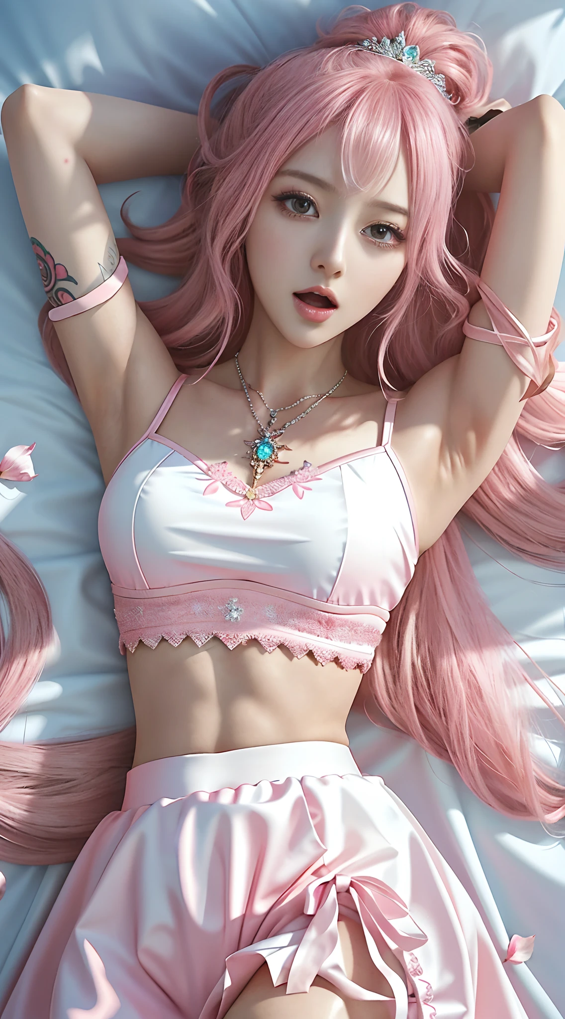 Close-up of a woman dressed in pink, Extremely detailed Artgerm, Splash art anime Loli, Kushatt Krenz Key Art Women, ! Dream art germ, shining pink armor, IG model | Art germ, Portrait Chevaliers du Zodiaque Fille, Style Artgerm, from league of legends, lux from league of legends，Large breasts，abdominals tattoo，Tattoo of the lower abdomen，Pink clothes、Dressed in white，white  skirt，pinkskirt，Excited expressions，enrich decorations，Mouth open，Very wide open mouth，Intricate ornaments，Petals on the bed