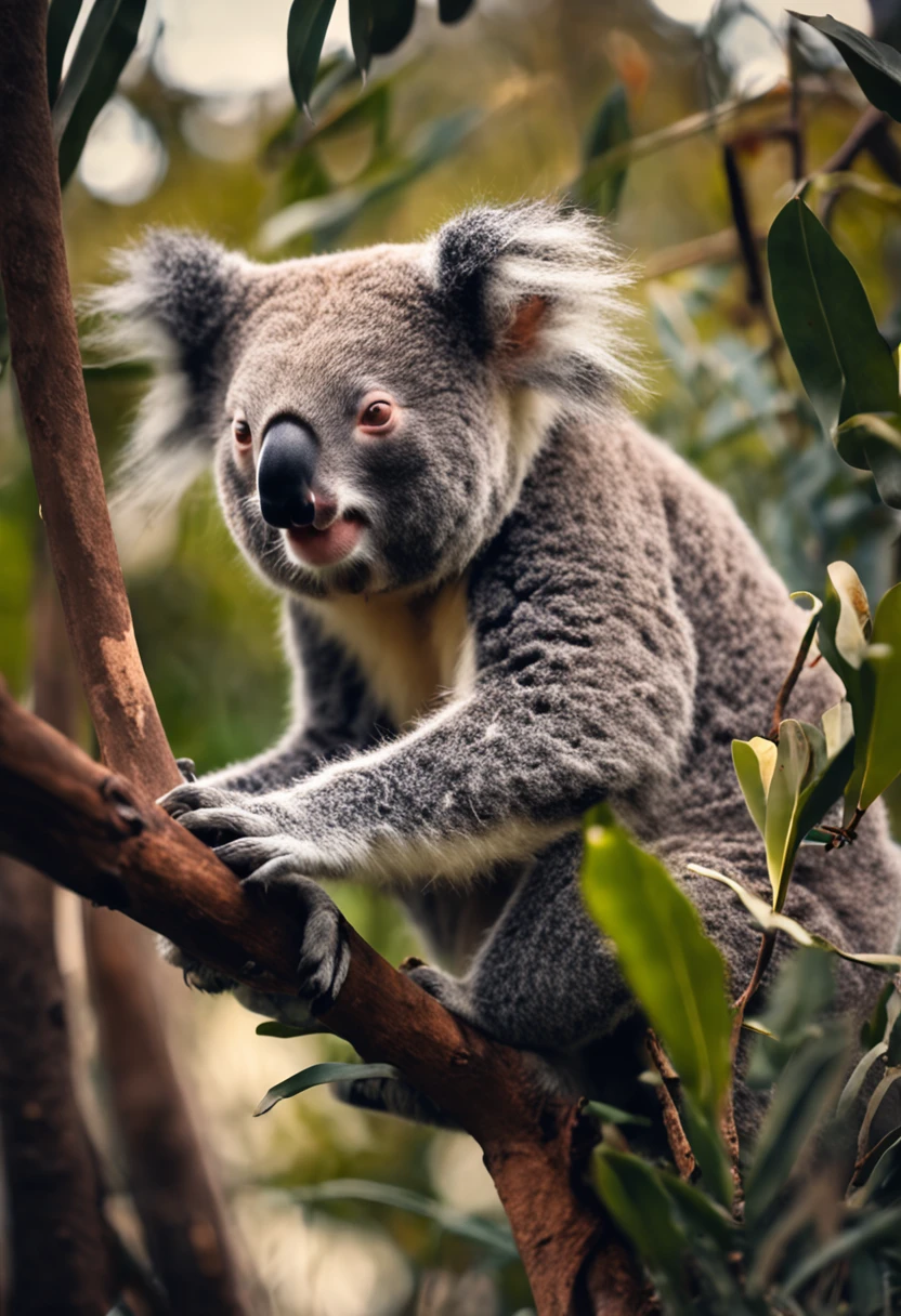 A koala walking on a tree branch.