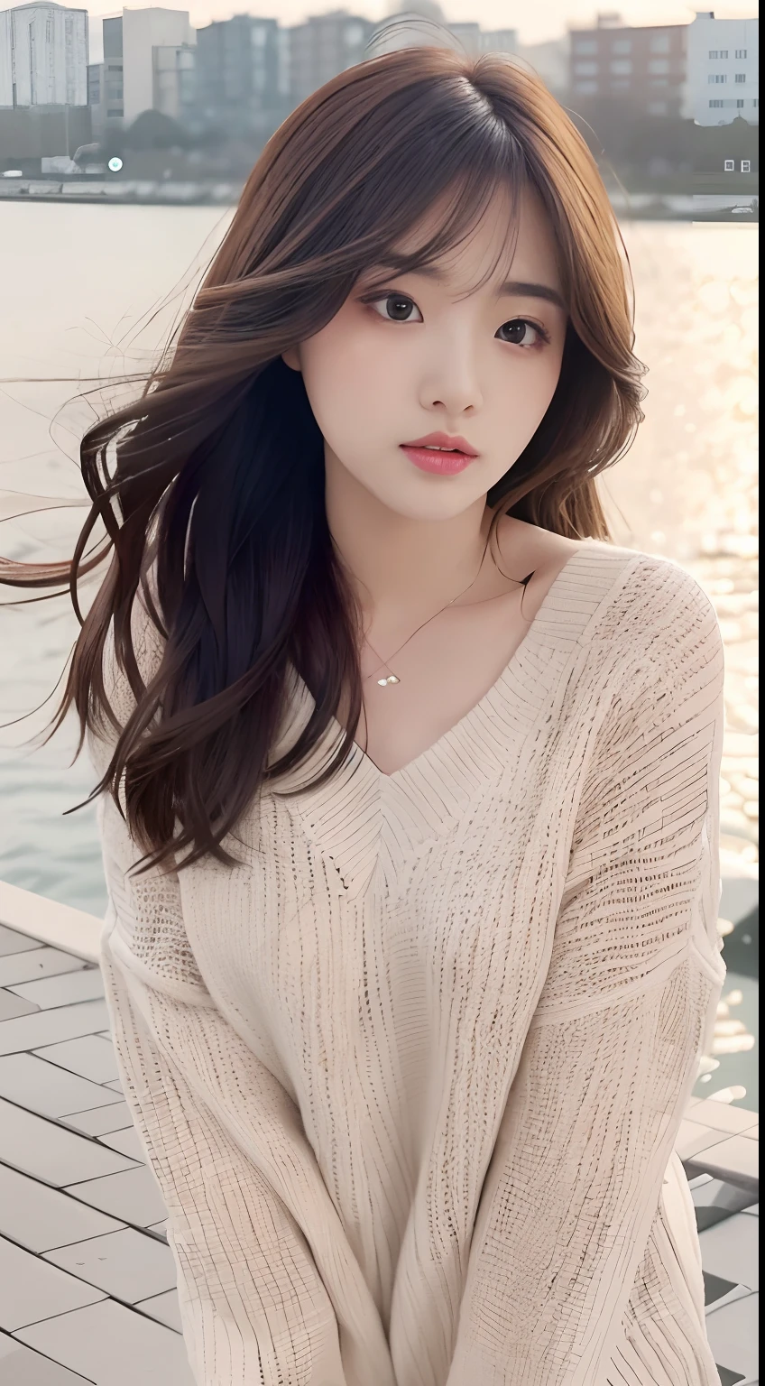 1girl walking on the river, mix4, sweater, pillow, lips, open_mouth, realistic, photo_\(medium\), solo, stuffed_animal, stuffed_toy, teddy_bear, (masterpiece), (realism: 1.3), super detailed, (High detail skin: 1.2), (Best quality: 1.0), (Ultra resolution: 1.0), (ULZZANG-6500: 0.3), wavy detail hair, long hair, sunshine, (beautiful detail makeup), (sexually aroused blush, heavy breath: 1.0), floral theme petals scattered, (soft light bloom: 0.5)