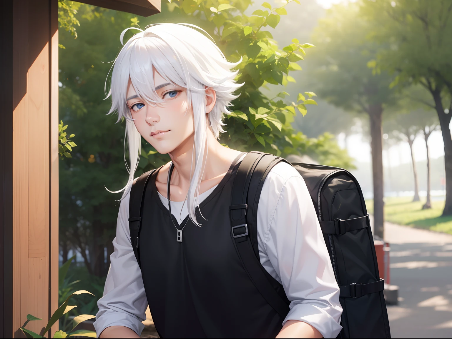Only for men in their 30s。white  hair。backpacker