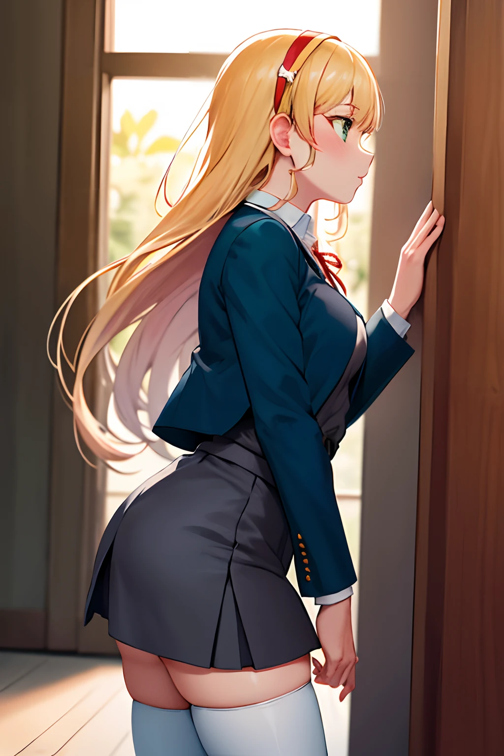 (masterpiece : 1.3) , sitting on face, blonde girl, pink eyes, turning head back, school uniform, ((ass grab)), 1girl, 1 boy, ultra-detailed background, gyaru, business office, from side,