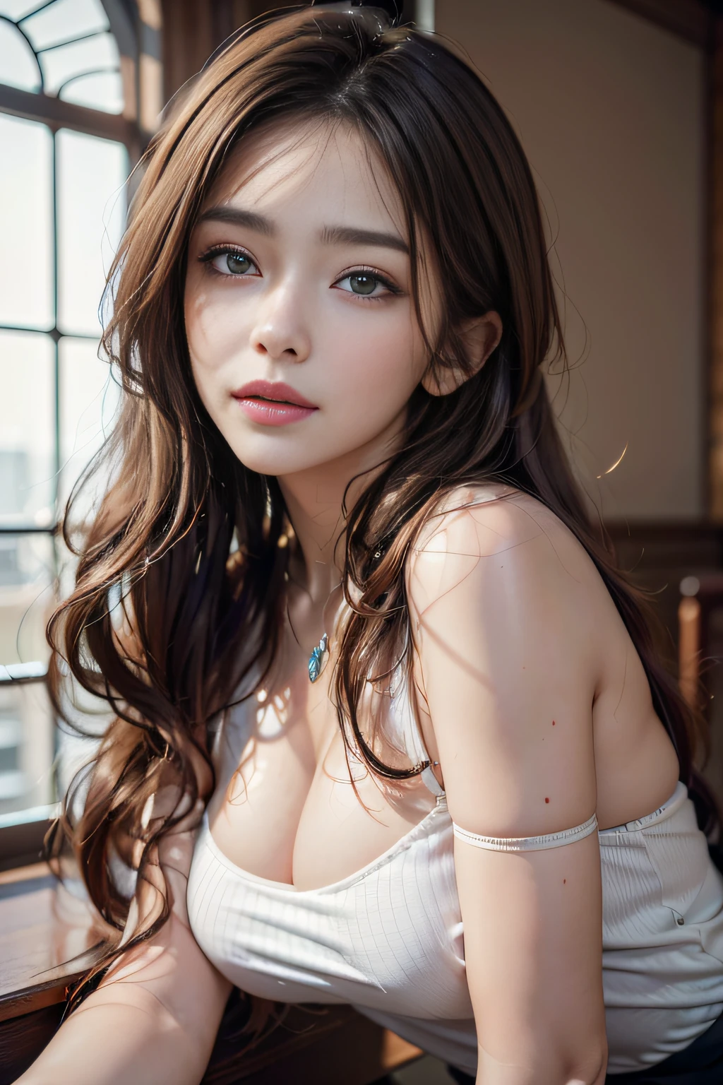 (masuter piece:1.3)、(8K、Photorealsitic、RAW photography、top-quality: 1.4)、(1girl in)、beautiful countenance、(lifelike face)、(brunette color hair、Long:1.3)、Beautiful hairstyle、photorealistic eye、Beautiful details、（real looking skin）、Beautiful skins、fishnet tights、absurderes、enticing、超A high resolution、ultra-realistic realism、high detal、the golden ratio