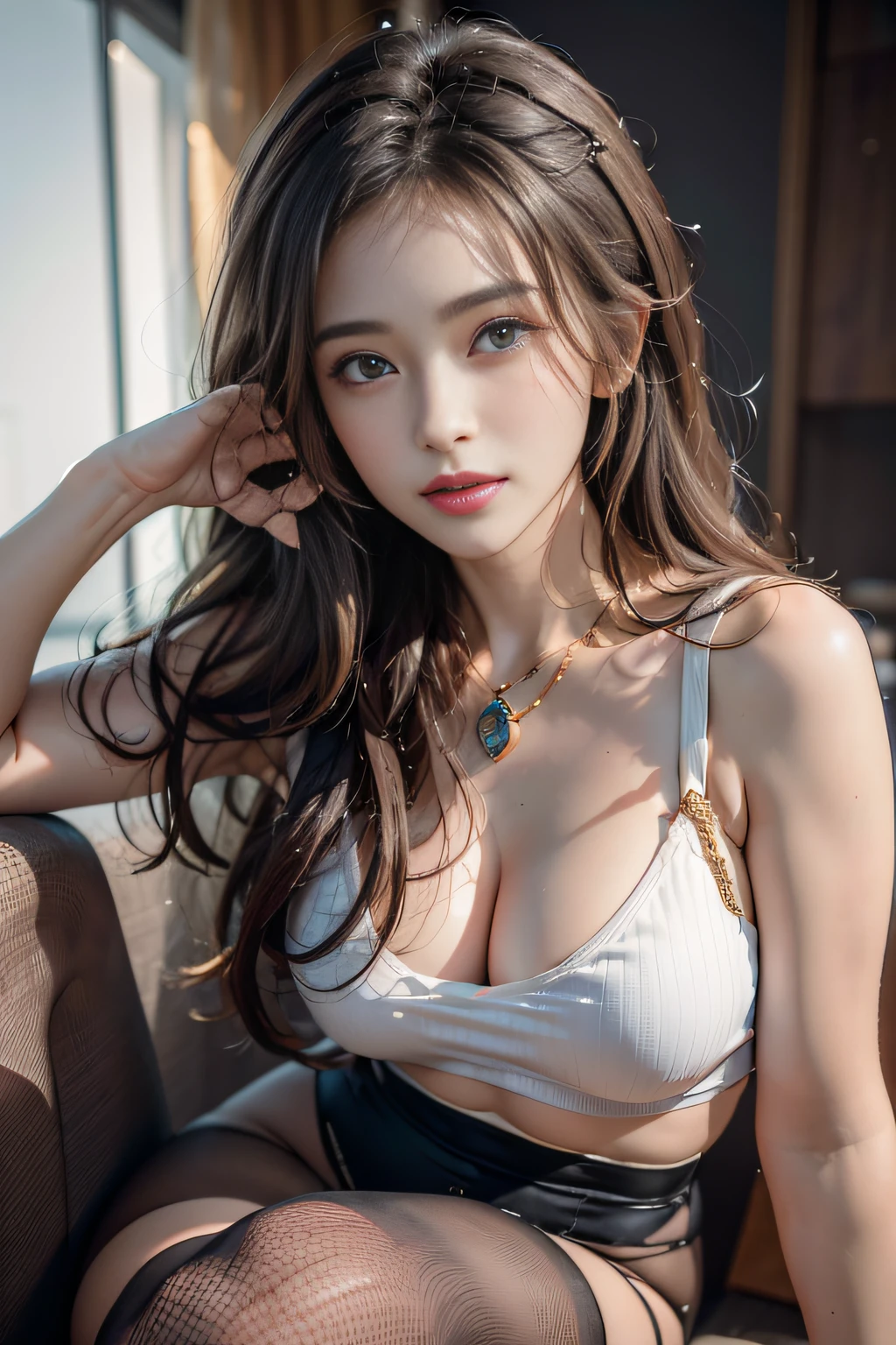 (masuter piece:1.3)、(8K、Photorealsitic、RAW photography、top-quality: 1.4)、(1girl in)、beautiful countenance、(lifelike face)、(brunette color hair、Long:1.3)、Beautiful hairstyle、photorealistic eye、Beautiful details、（real looking skin）、Beautiful skins、fishnet tights、absurderes、enticing、超A high resolution、ultra-realistic realism、high detal、the golden ratio
