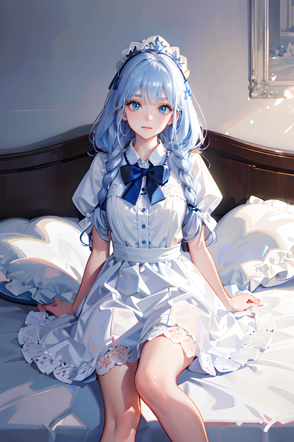 On a very large white bed, white pillows, White light, There is one girl, Sit on the bed, Wearing a white princess dress, White stockings, A blue bow is tied around the waist, There is a blue band on the wrist, blue color eyes, long white hair, Delicate facial features, Beautiful and moving, (Vivid depiction), single braid, chromatic aberration, reflection light, UHD, masterpiece, super detail, high details, best quality