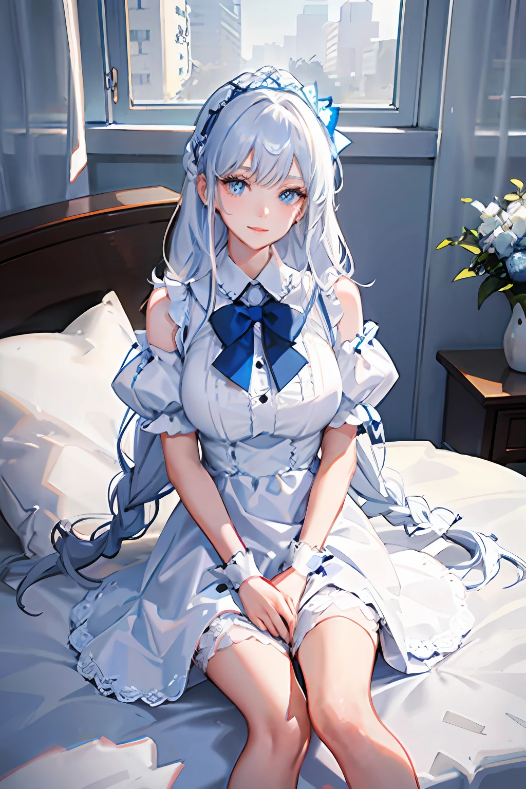 On a very large white bed, white pillows, White light, There is one girl, Sit on the bed, Wearing a white princess dress, White stockings, A blue bow is tied around the waist, There is a blue band on the wrist, blue color eyes, long white hair, Delicate facial features, Beautiful and moving, (Vivid depiction), Single braid, color difference, reflective light, hyper HD, Masterpiece, Super detail, High details, Best quality