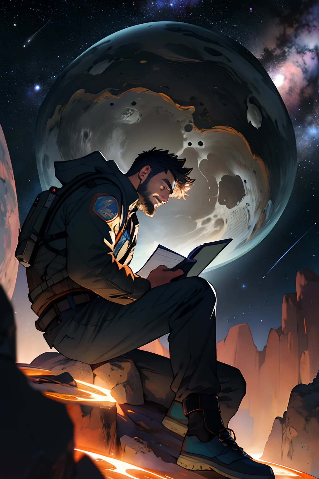 Draw a young programmer, sitting on a research platform floating in the middle of an asteroid belt. He is studying with a notebook, surrounded by several asteroids glowing with fiery auras. Dramatic lighting from distant stars and planets illuminates the scene, casting deep shadows on the suit. The young man looks confident and determined, looking at the vast and mysterious universe with wonder and respect,facial hair, cowboy shot,