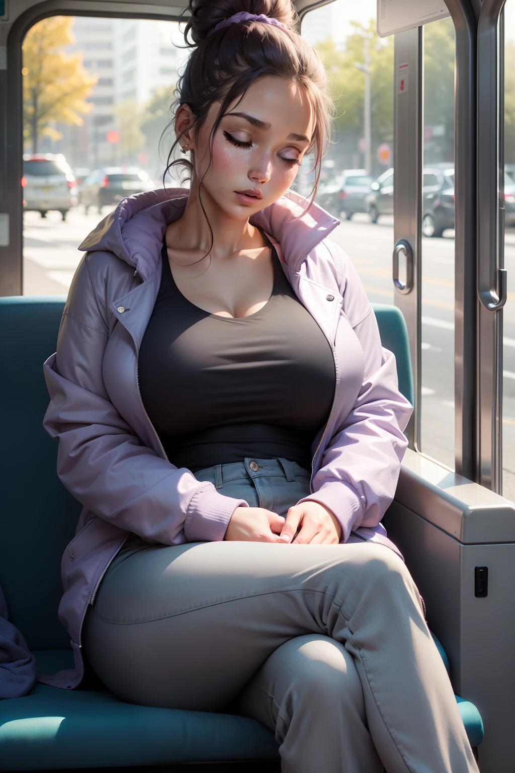 1 beautiful woman, large body, hair tied in a bun, eyelids made up, gray shirt, jacket over the shirt, lilac jacket, neckline, black pants, slippers, sleeping sitting on the bus, mouth open, eyes closed