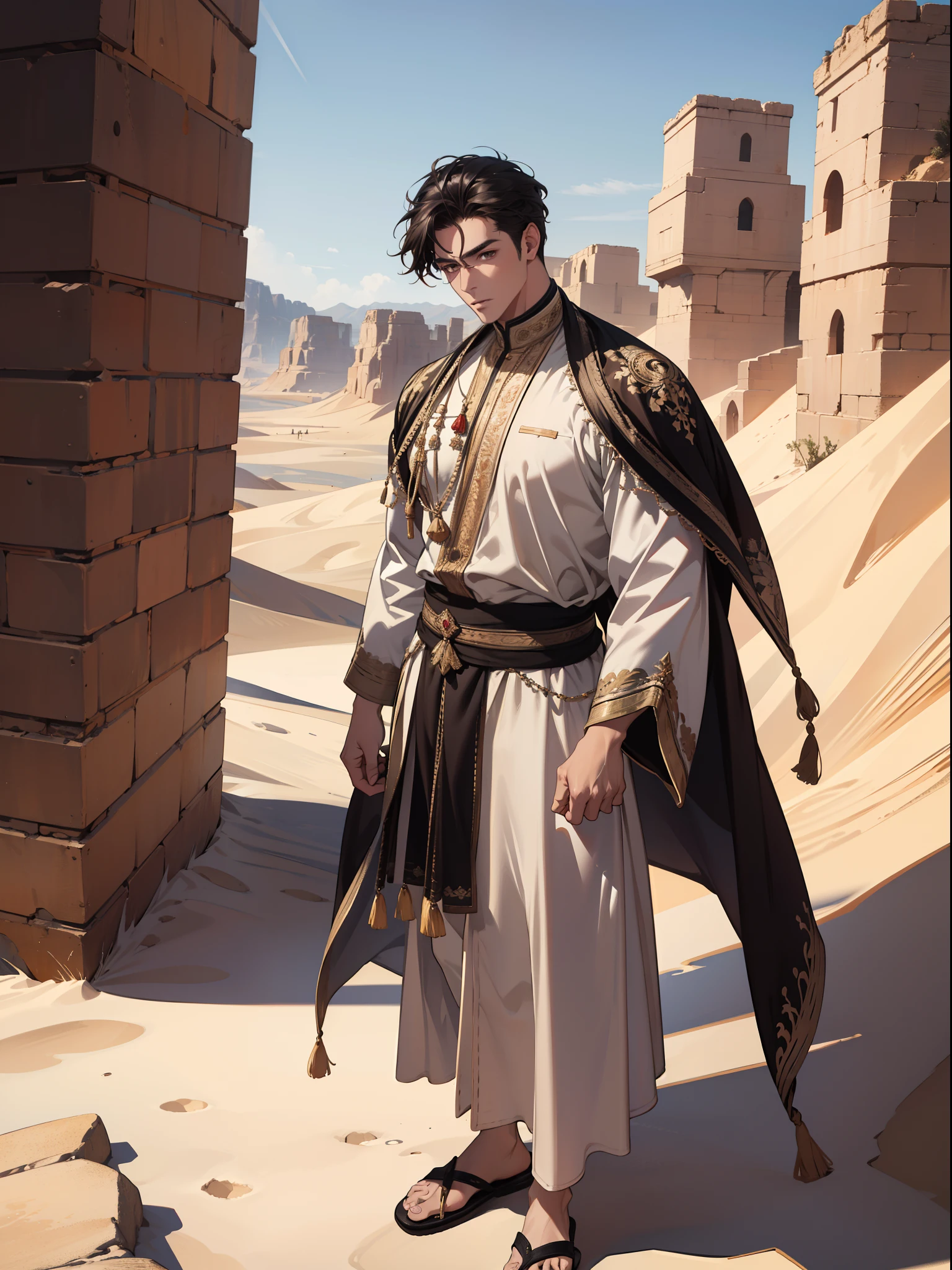 (absurdres, highres, ultra detailed), 1 male, adult, handsome, tall muscular guy, broad shoulders, finely detailed eyes and detailed face, desert, full body, middle eastern clothes, short black hair, brown eyes, focused on scenery, a guy starting journey