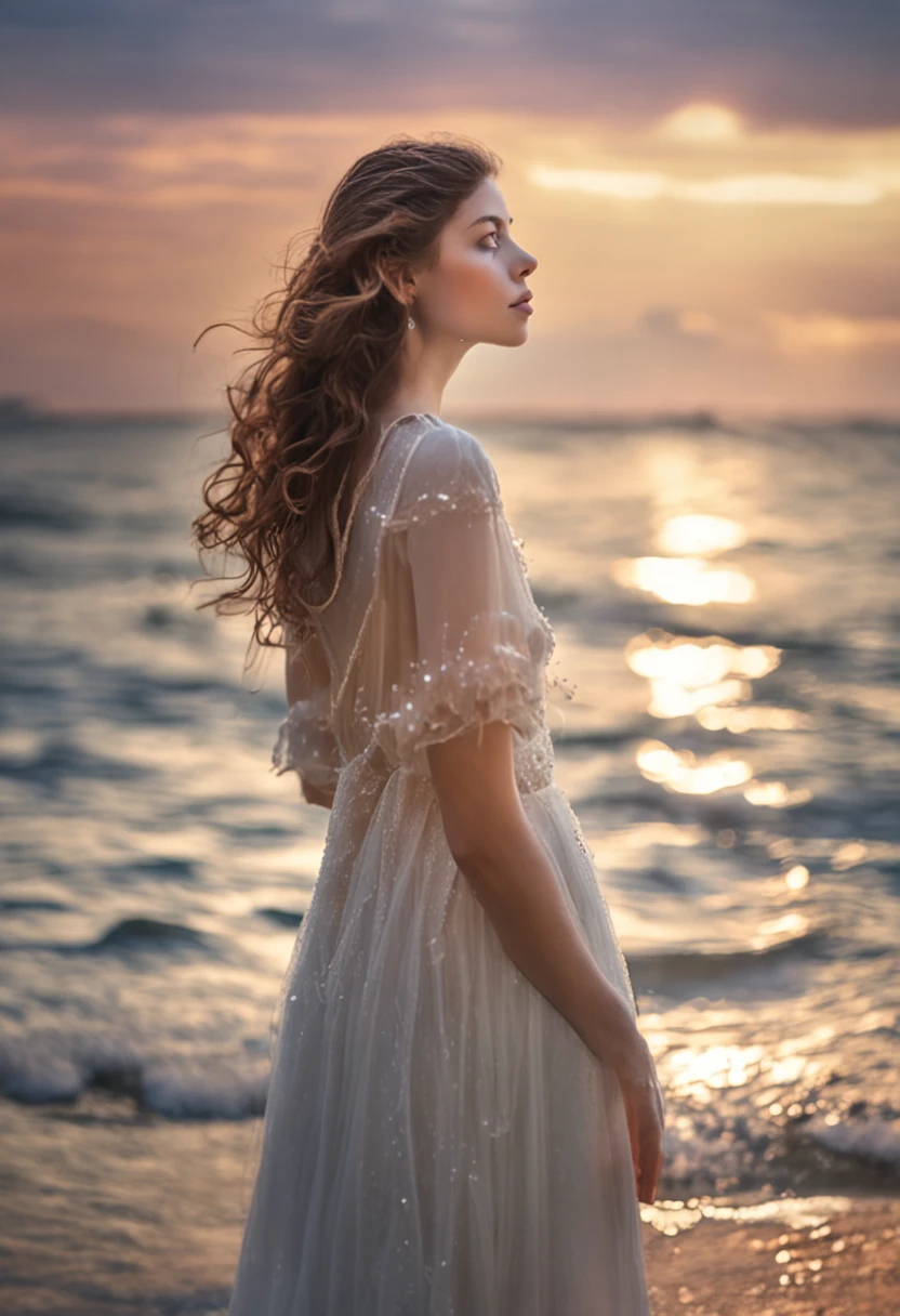 art by Cornflower, Dreamer (Beautiful delicate eye girl. The depth of field in the photo was perfect, and the lens flare added a nice touch. The meticulous facial features on her face are really prominent, And the score of this photo is definitely higher than 10 points. in the background, There is a beautiful ocean,The sea is crystal clear,There are water droplets on the surface of the water. It's a stunning photo,Really captured the beauty of the girl),Precise iris depiction,Look at the audience with calm and goddess-like happiness,The upper part of the body,Yellow starfish,White shells,White conch,Daughter of the sea