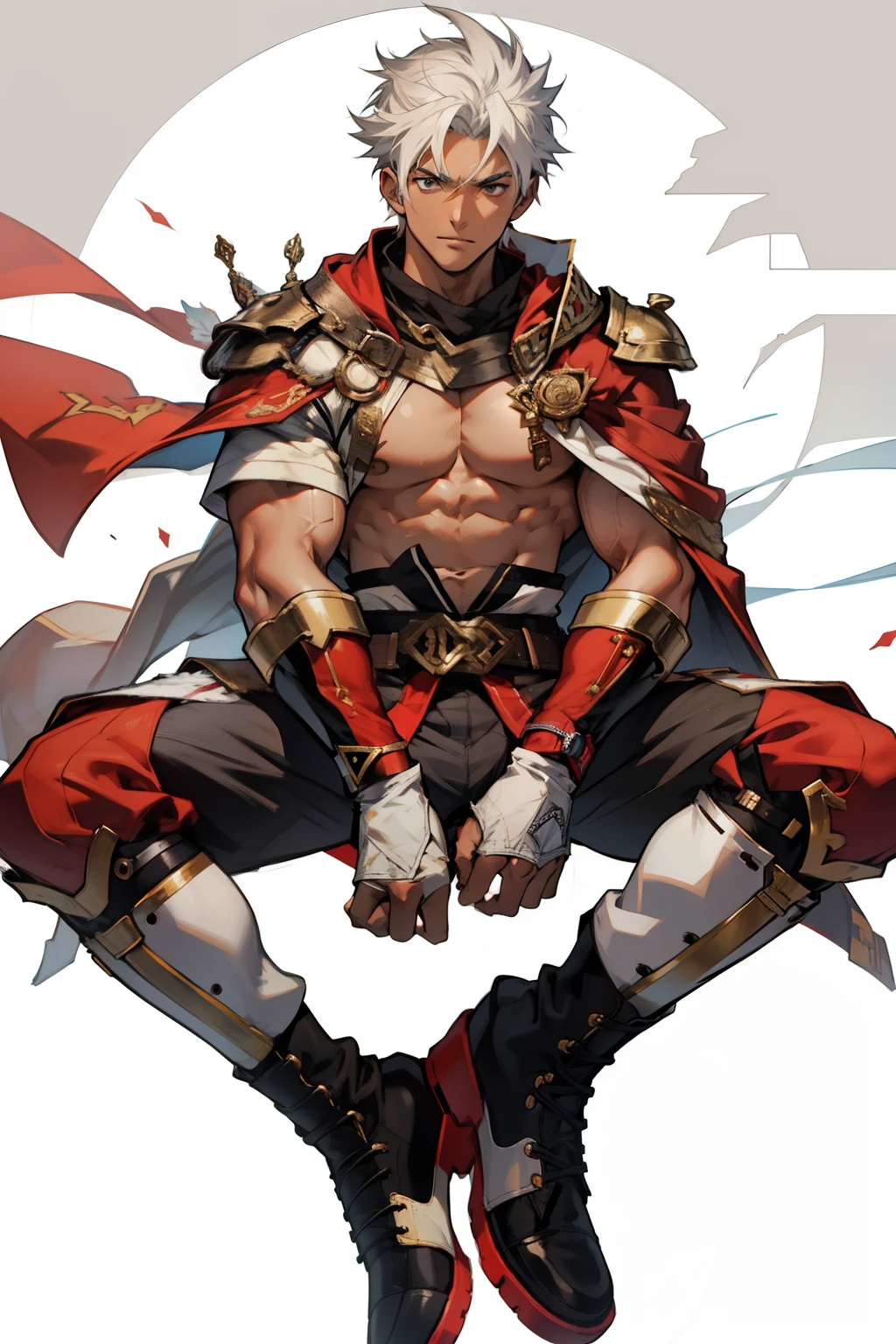 Highest image quality，male people，，1 boy，Young and handsome，shoun，White color hair，Short flat top hair，Dark  skin，anime big breast，anime wallpaper，Solo，malefocus，Briefs，Dilation of the pectoral muscles，Red cape，Bulging crotch，Urban background，spread their legs，Sexy,(Masterpiece, Best quality),Long white socks，Red Martin boots，