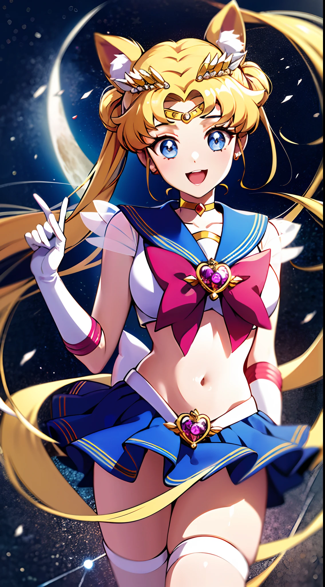 obra maestra, La mejor calidad, hi-res, Luna 1, 1 girl, solamente, Uniforme Sailor Senshi, Sailor Luna, Usagi Tsukino, rubio, Magical Girl, ojos azules, Bragas blancas, red neckerchief, guantes de codo, tiara, falda azul, falda plisada, minifalda, gargantilla, guantes blancos, jewely, pendientes, They are smiling, El fondo es espacio (excelente detalle, Excellent lighting, wide angle), skirt lift, Mostrar bragas, ((mostrando piernas)), sin panties