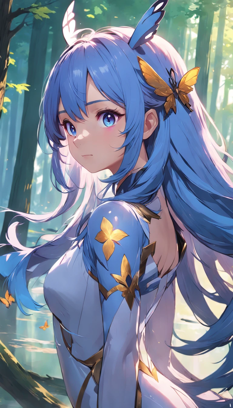 ((1girl, solo)), masterpiece, superlative, portrait, hyperdetail, illustration, close-up, gorgeous background, straight shot, blue hair, purple eyes, (focus on face), looking into the distance, forest, sun, wind, butterfly, studio lighting, horizontal axis, tree, lake, standing, ganyu \(genshin impact), double horn, bare shoulders, tights