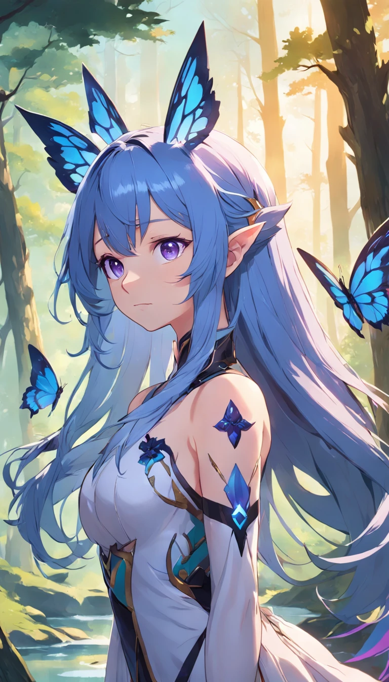((1girl, solo)), masterpiece, superlative, portrait, hyperdetail, illustration, close-up, gorgeous background, straight shot, blue hair, purple eyes, (focus on face), looking into the distance, forest, sun, wind, butterfly, studio lighting, horizontal axis, tree, lake, standing, ganyu \(genshin impact), double horn, bare shoulders, tights
