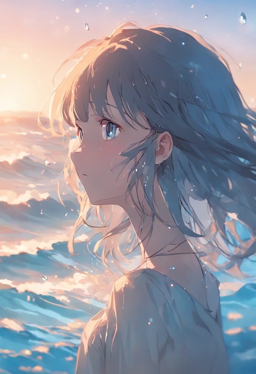 art by Cornflower, Dreamer (Beautiful delicate eye girl. The depth of field in the photo was perfect, and the lens flare added a nice touch. The meticulous facial features on her face are really prominent, And the score of this photo is definitely higher than 10 points. in the background, There is a beautiful ocean,The sea is crystal clear,There are water droplets on the surface of the water. It's a stunning photo,Really captured the beauty of the girl),Precise iris depiction,Look at the audience with calm and goddess-like happiness,The upper part of the body,Yellow starfish,White shells,White conch,Daughter of the sea