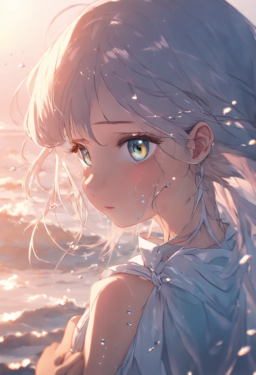 art by Cornflower, Dreamer (Beautiful delicate eye girl. The depth of field in the photo was perfect, and the lens flare added a nice touch. The meticulous facial features on her face are really prominent, And the score of this photo is definitely higher than 10 points. in the background, There is a beautiful ocean，The sea is crystal clear，There are water droplets on the surface of the water. It's a stunning photo，Really captured the beauty of the girl),Precise iris depiction,Look at the audience with calm and goddess-like happiness,The upper part of the body，Yellow starfish，White shells，White conch，Daughter of the sea