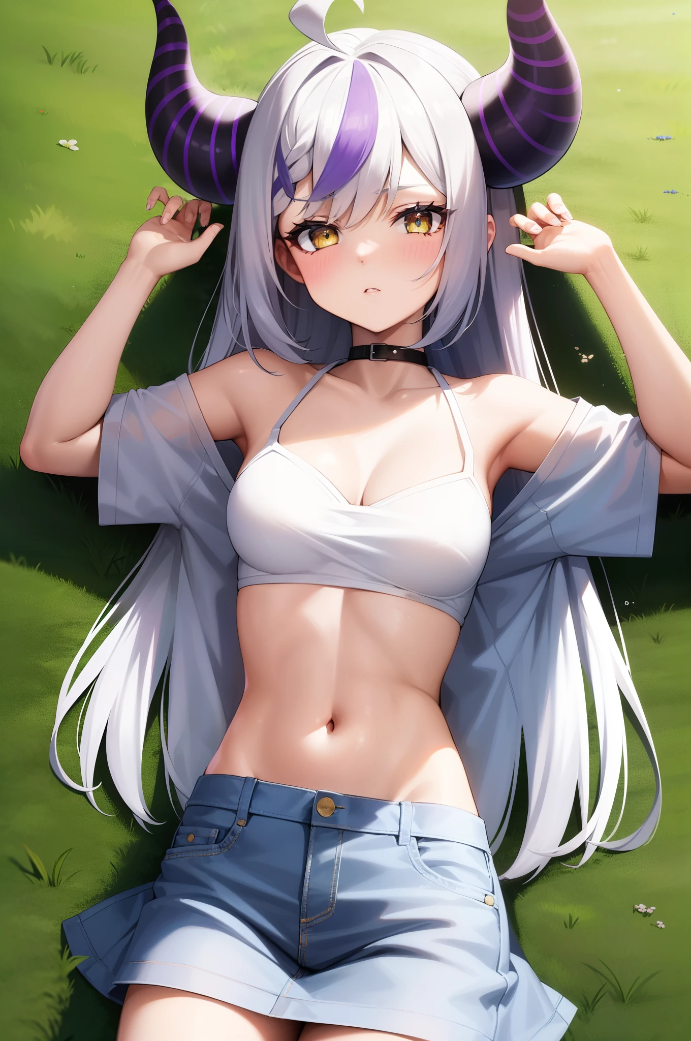 GIRL, (Masterpiece: 1.1), (Best Quality: 1.1), Upper Body Bikini, (White Bikini: 1.1), (Plaid Skirt: 1.1), High Waist Skirt, Blake [Green Grass: Pink, :0.5] Themed, (Urban Background: 1.1), Denim Lenses, Blake Silver, Long, Green Eye, Landscape,